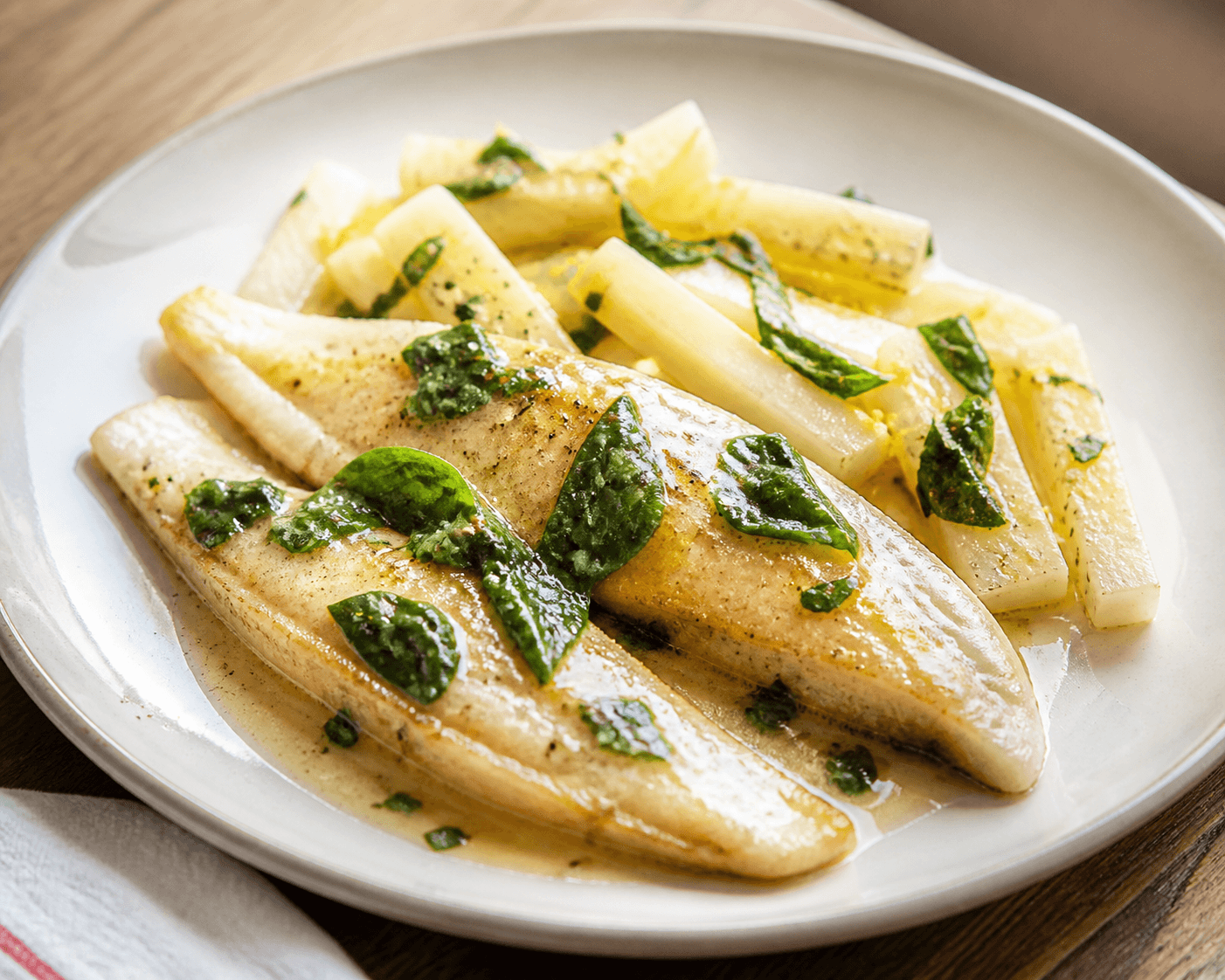 Filets de plie poêlés avec navet long citronné et oseille fraîche.