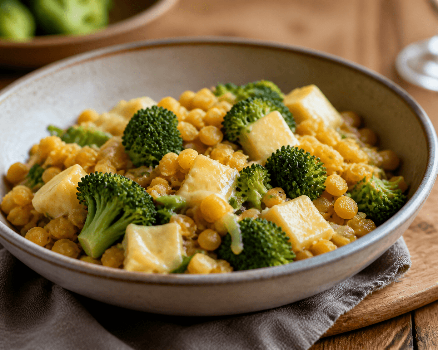 Poêlée de pois cassé jaune, brocoli et tomme de Savoie, plat terminé présenté naturellement