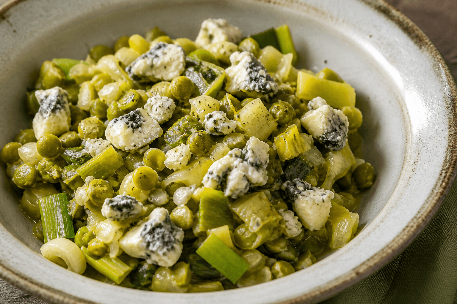 Poêlée de pois cassé, poireau et bleu d'Auvergne, plat terminé présenté naturellement
