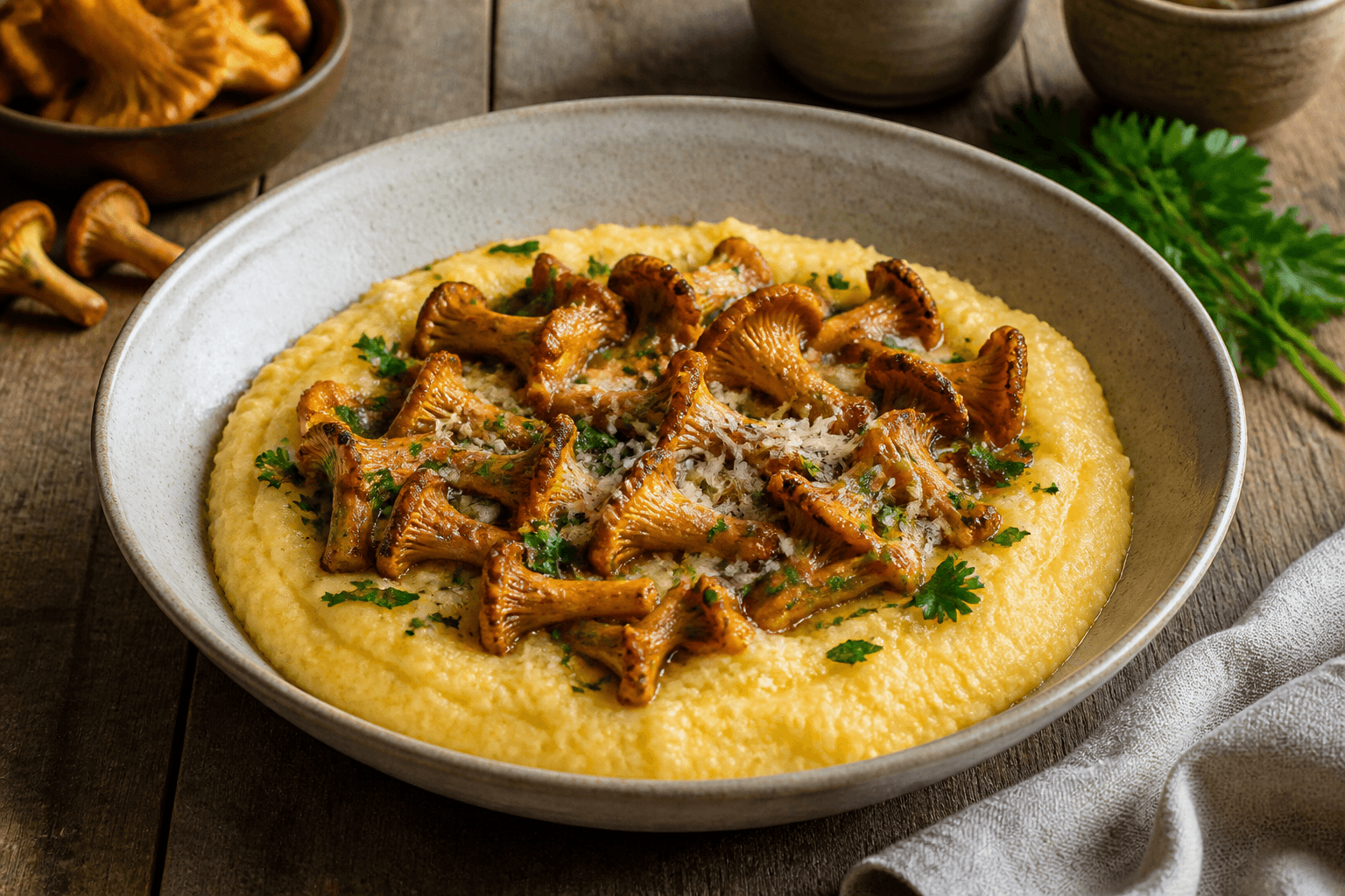 Polenta crémeuse aux girolles et persil, plat terminé photographié avec les ingrédients principaux visibles