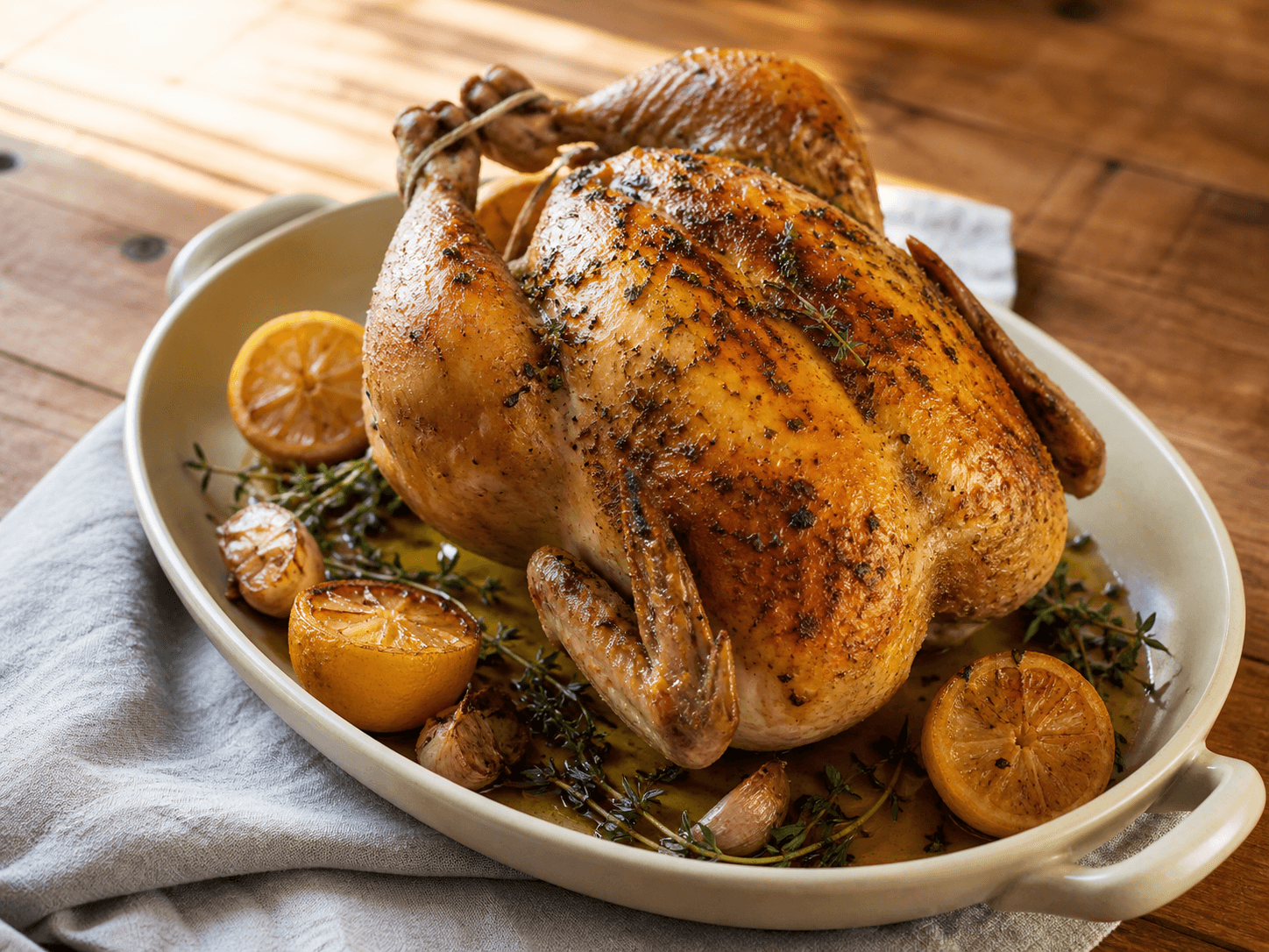 Poulet rôti au citron et au thym, présentation du plat terminé