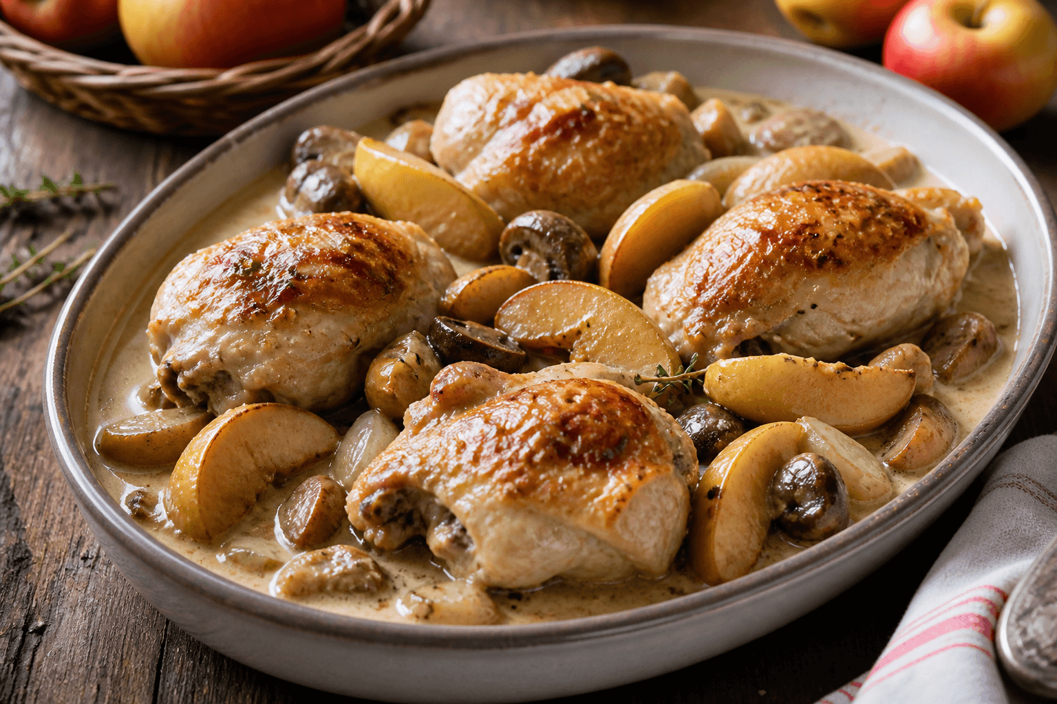 Poulet Vallée d'Auge aux pommes et cidre, plat terminé présenté naturellement