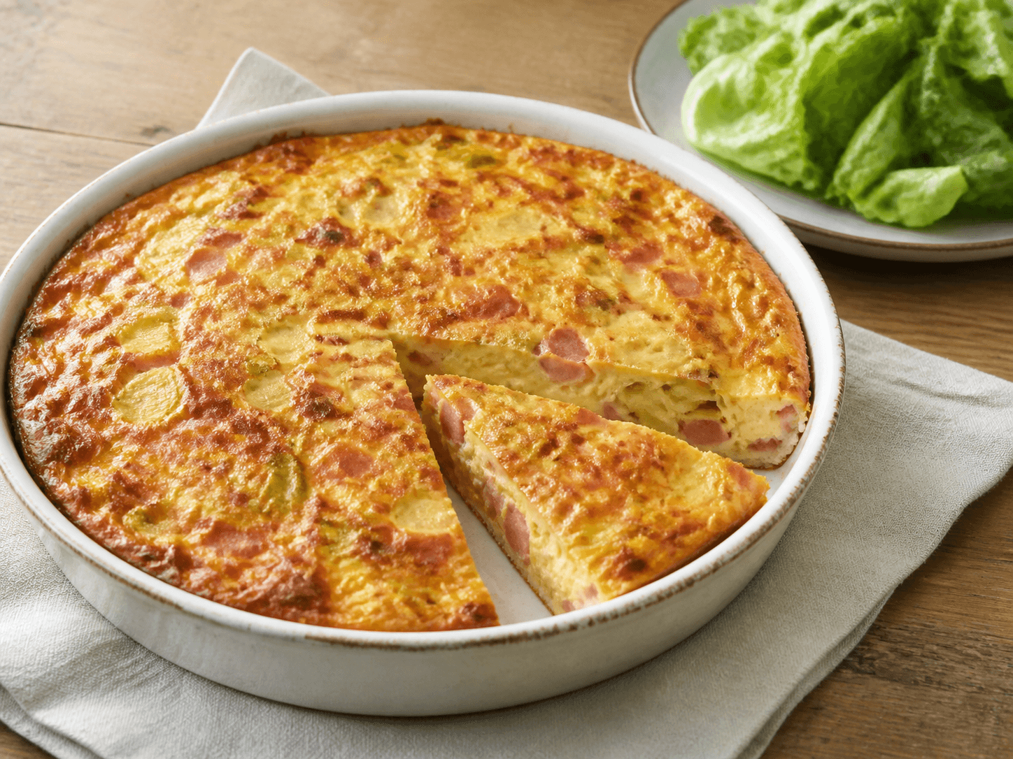 Quiche sans pâte aux poireaux et jambon, plat terminé présenté naturellement