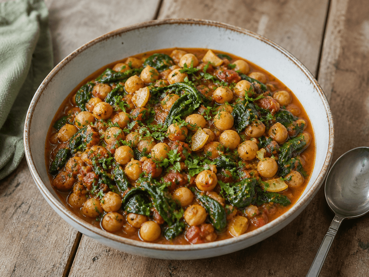 Ragoût de pois chiches aux épinards et citron confit, plat terminé présenté naturellement
