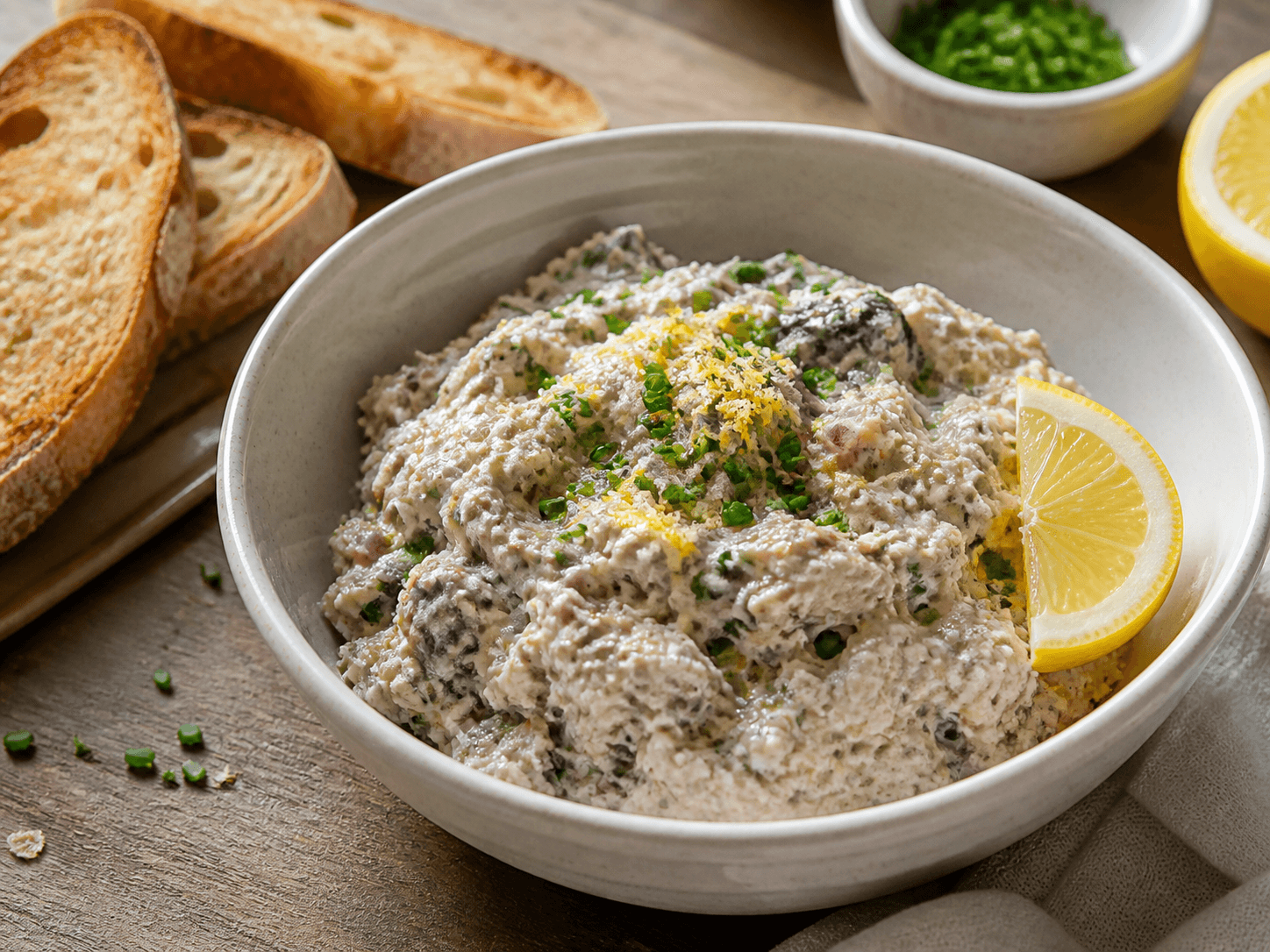 Rillettes de sardines au citron et ciboulette, plat terminé présenté naturellement