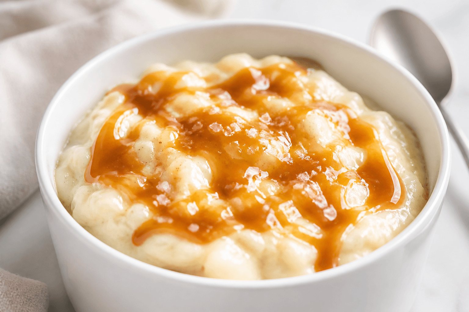 Riz au lait au caramel beurre salé, plat terminé présenté naturellement