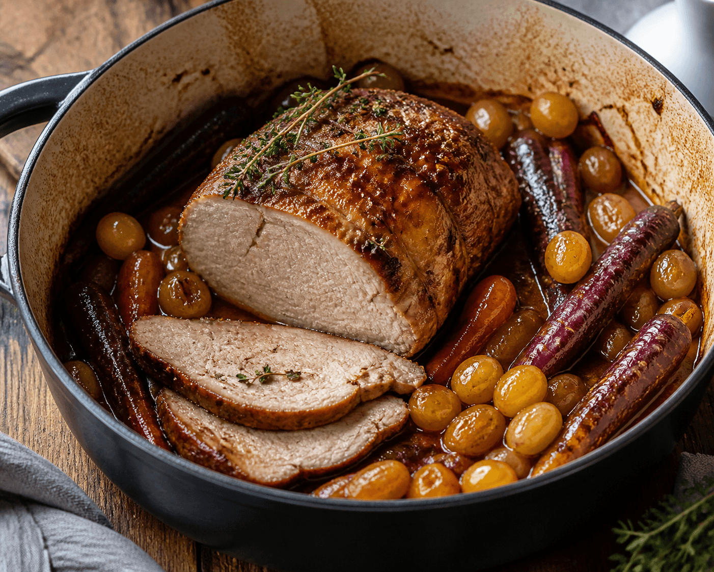 Rôti de porc en cocotte, carotte violette et raisin blond, plat terminé présenté naturellement