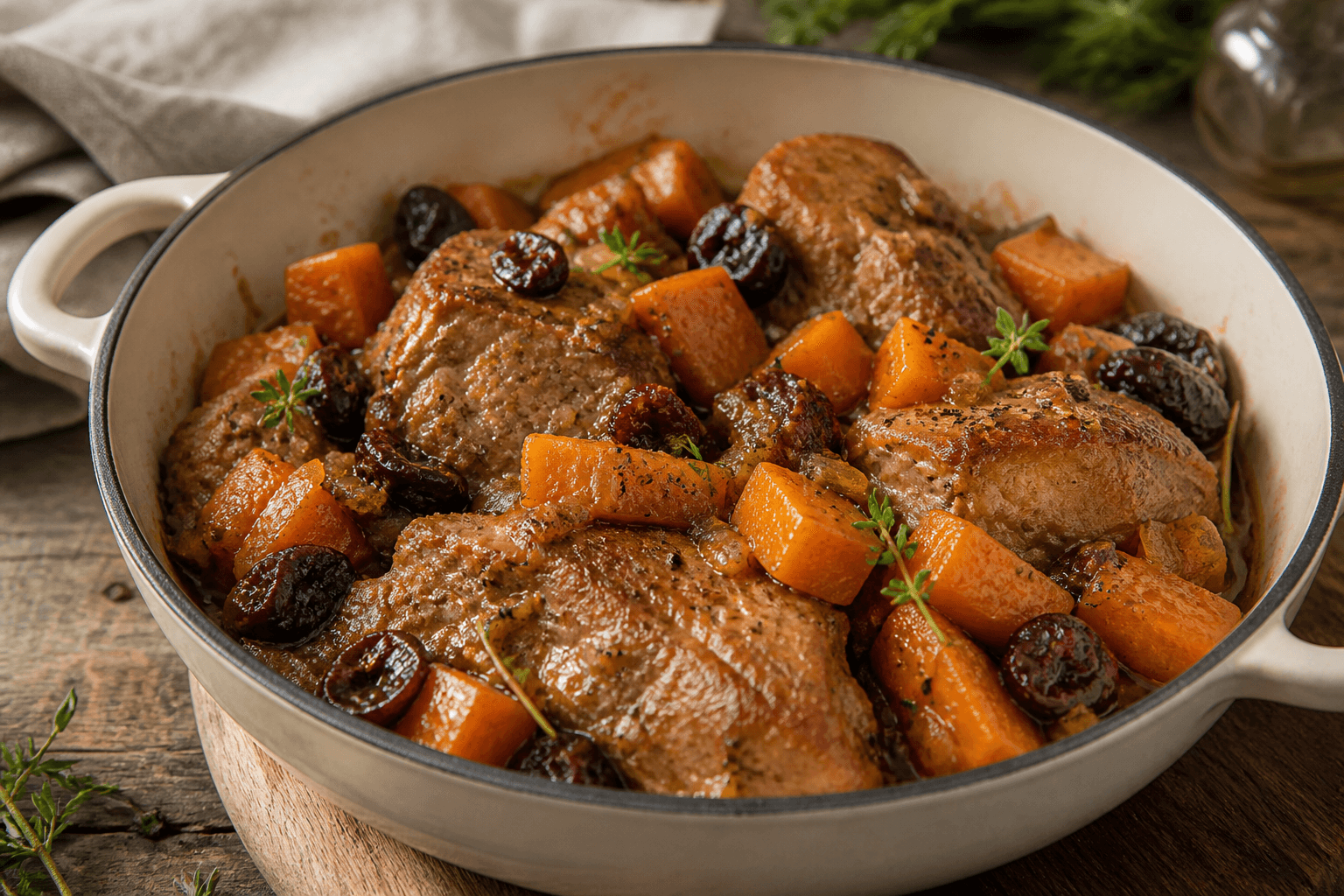 Échine de porc mijotée avec courge butternut et griottes séchées