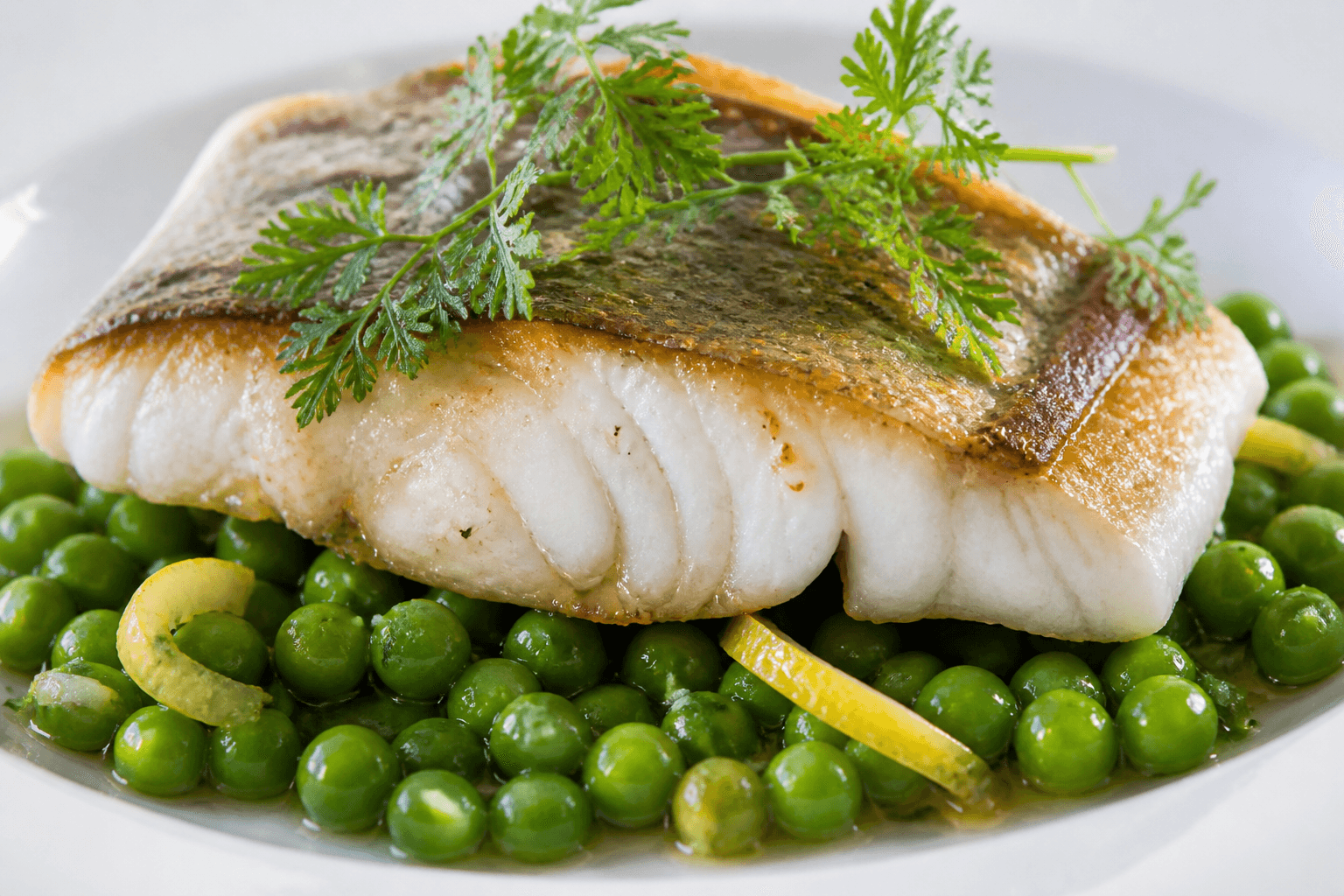 Saint-pierre poêlée au cerfeuil, petit pois au citron, plat terminé présenté naturellement