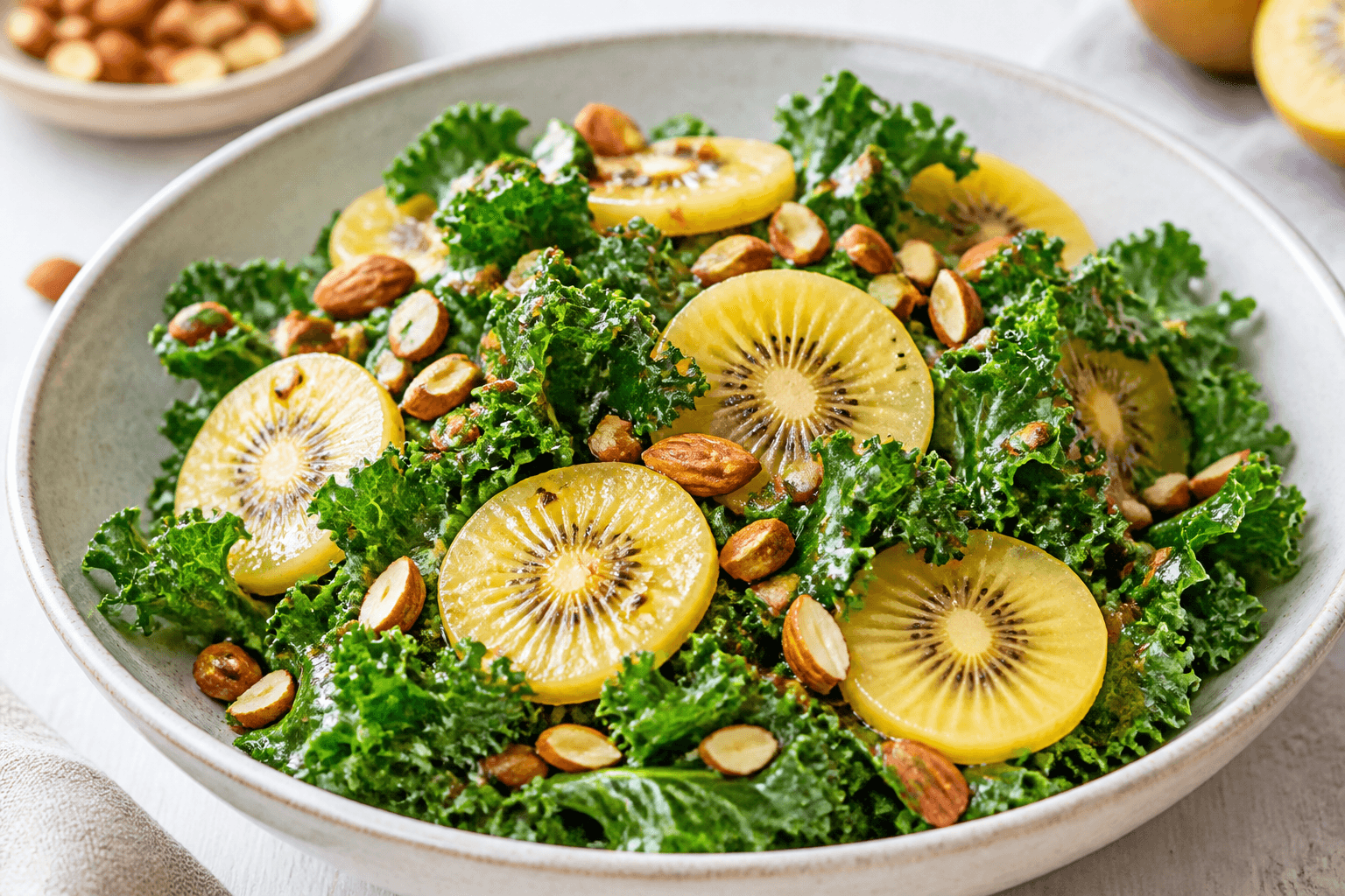 Salade de chou frisé, kiwi jaune et amande grillée, plat terminé présenté naturellement