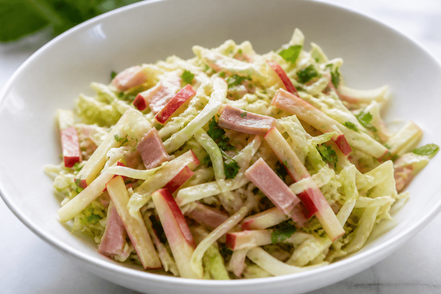 Salade de chou pointu, pomme rouge et jambon blanc, plat terminé présenté naturellement
