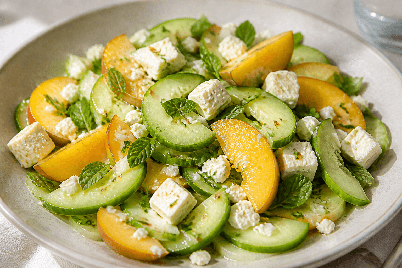 Photo du plat fini : Salade concombre, prune jaune et feta
