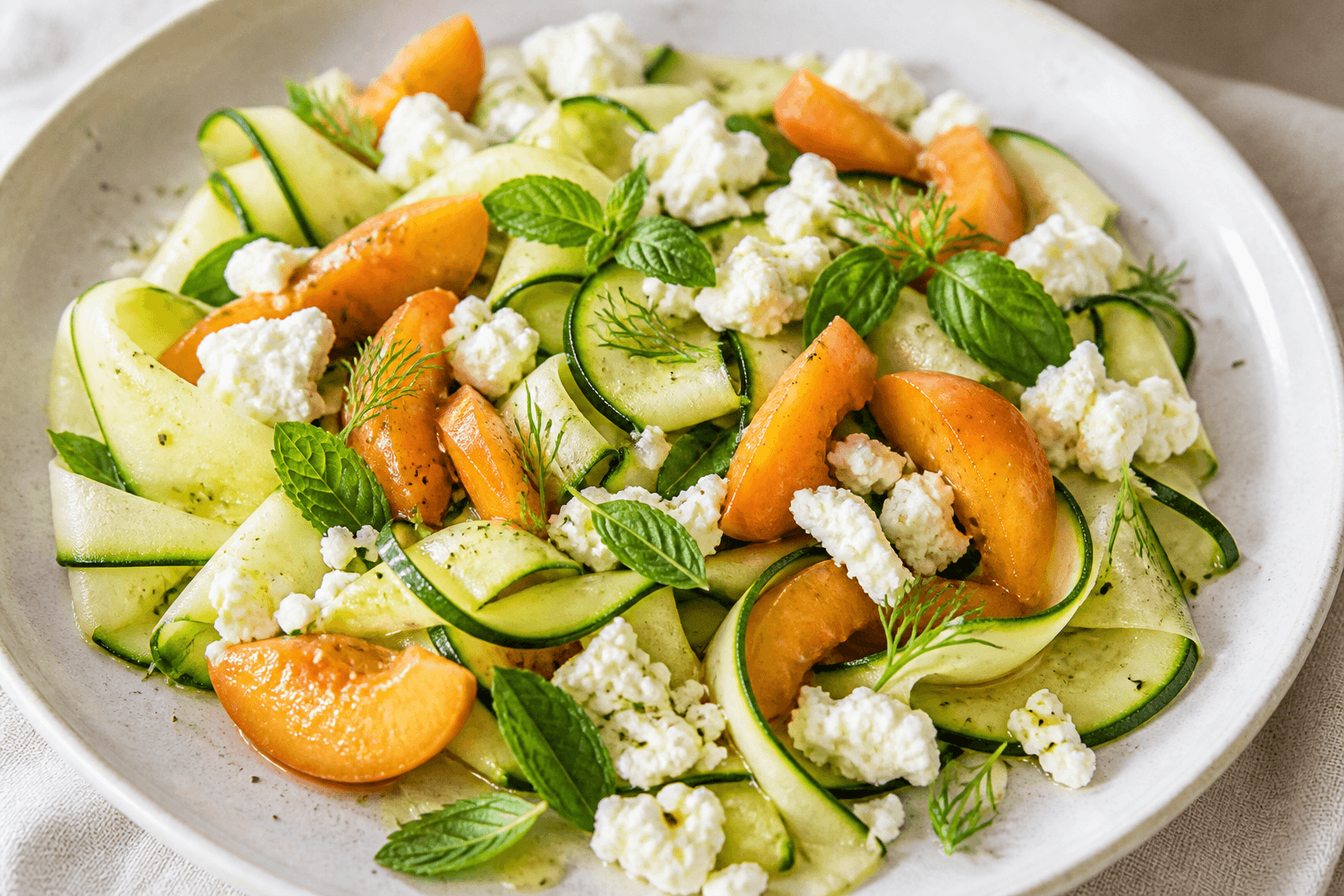 Salade de courgette crue, abricot et brousse, plat terminé présenté naturellement