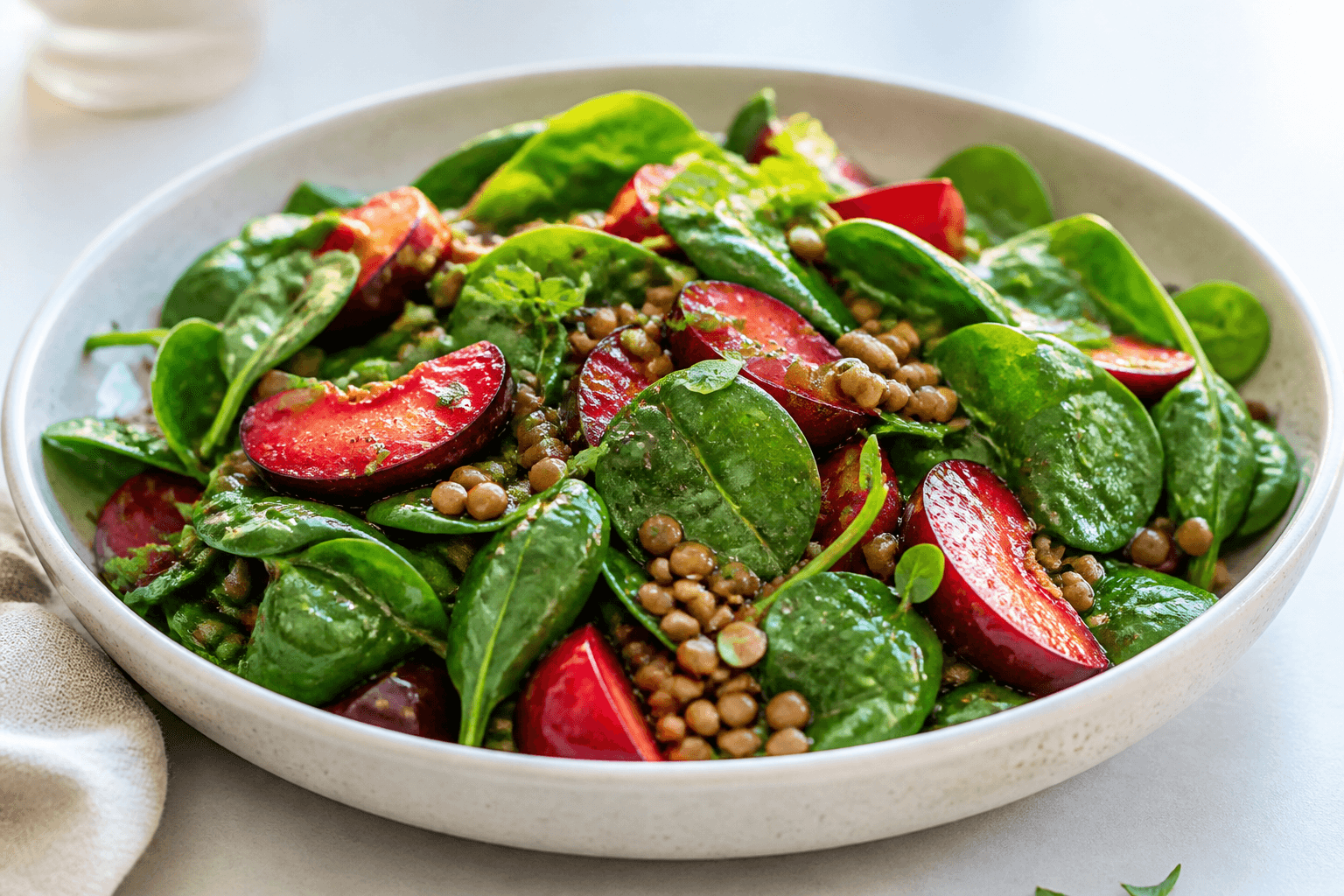 Salade de jeunes pousses d'épinard, prune rouge et lentilles blondes