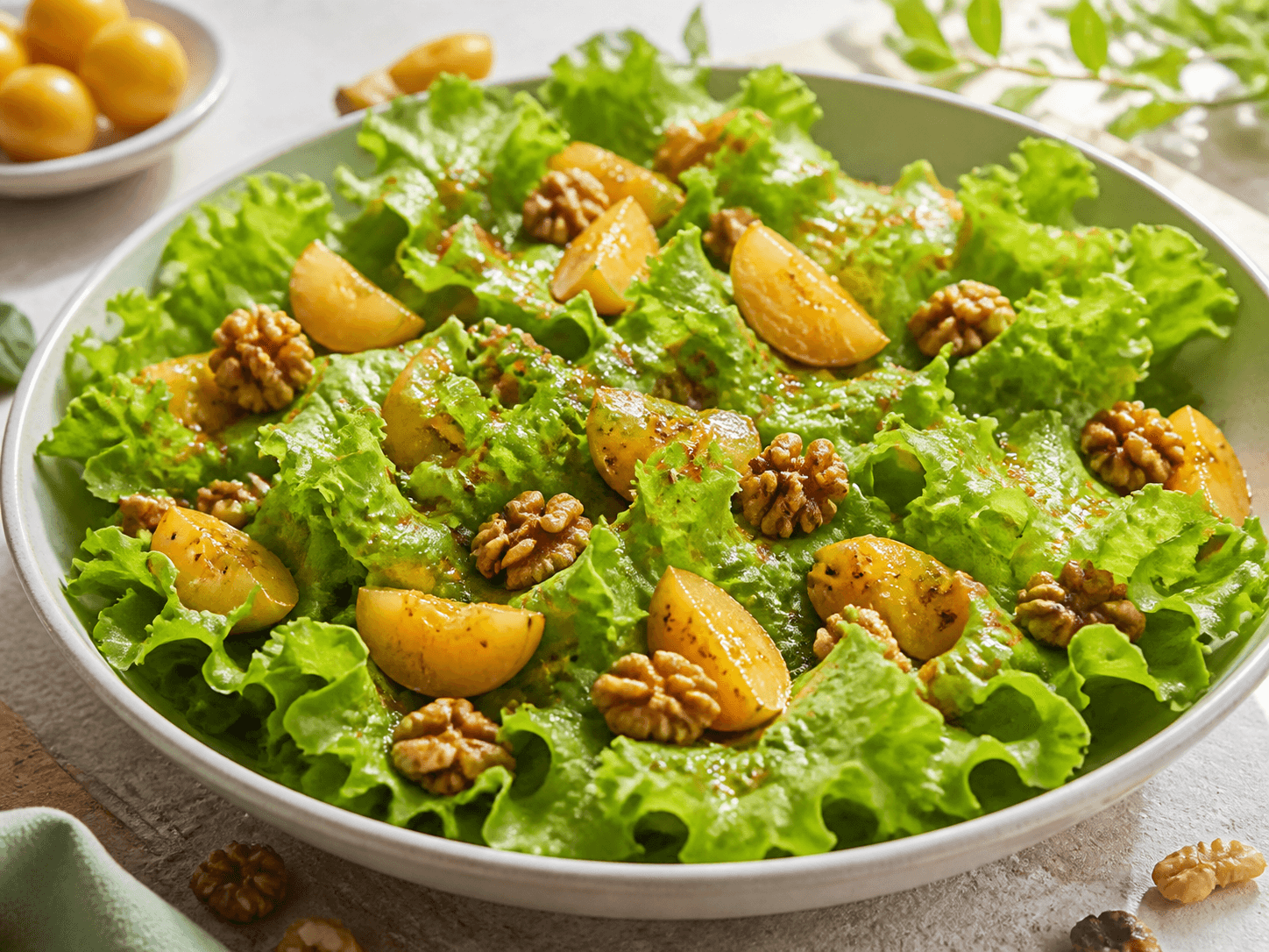 Salade de laitue feuille de chêne, mirabelle et noix grillées, plat terminé présenté naturellement
