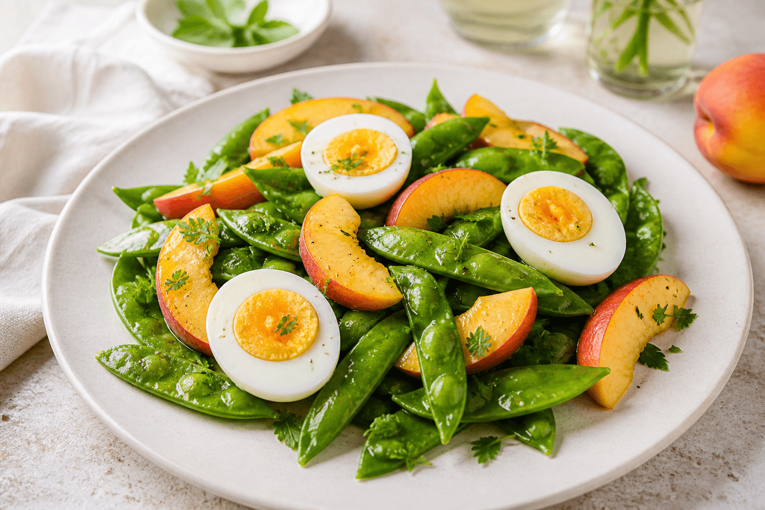 Salade de pois gourmands avec nectarine en quartiers et œuf dur dans une assiette claire.