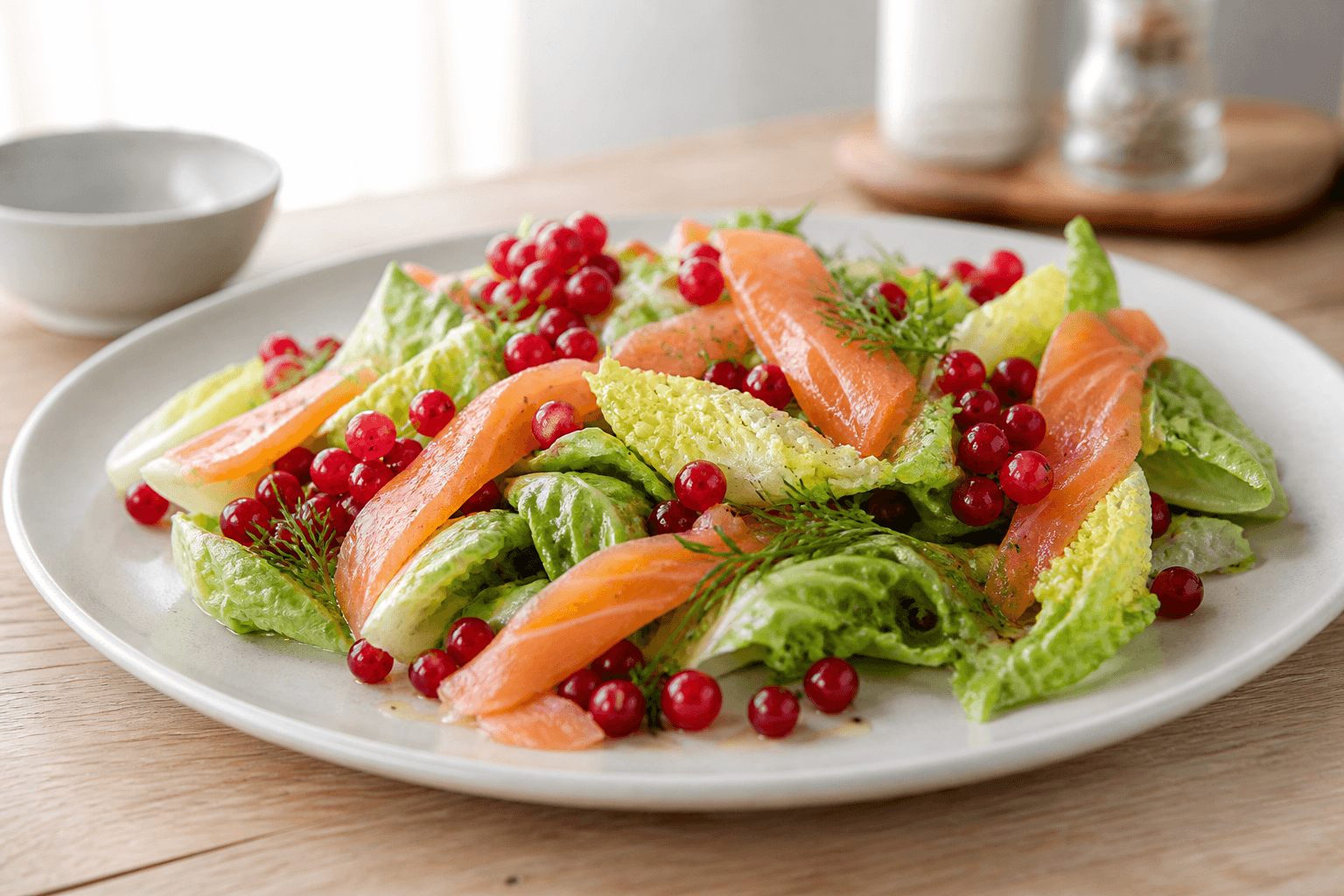 Salade de romaine, groseille et truite fumée, plat terminé présenté naturellement