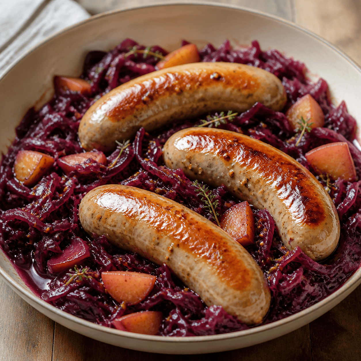 Saucisses de volaille à la moutarde et chou rouge, plat terminé présenté naturellement