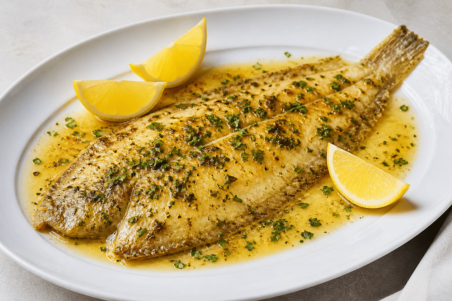 Sole meunière au citron et persil, plat terminé présenté naturellement