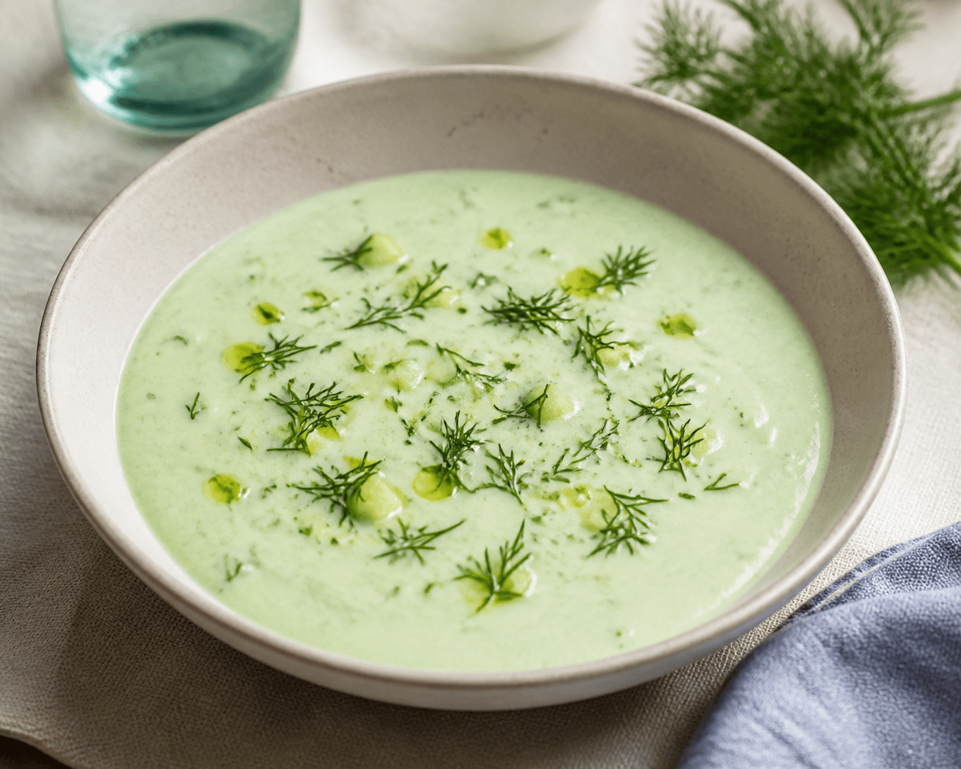 Soupe froide de concombre, yaourt et aneth, plat terminé photographié avec les ingrédients principaux de la recette