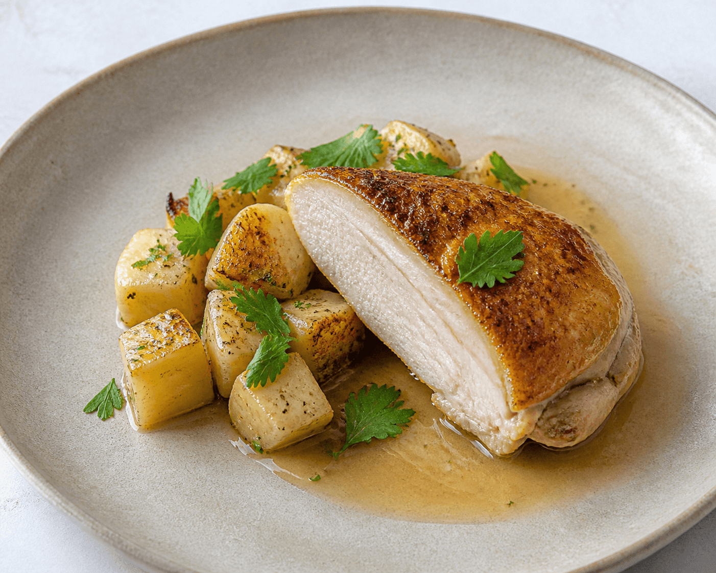 Suprême de pintade au four, céleri-rave et livèche, plat terminé présenté naturellement
