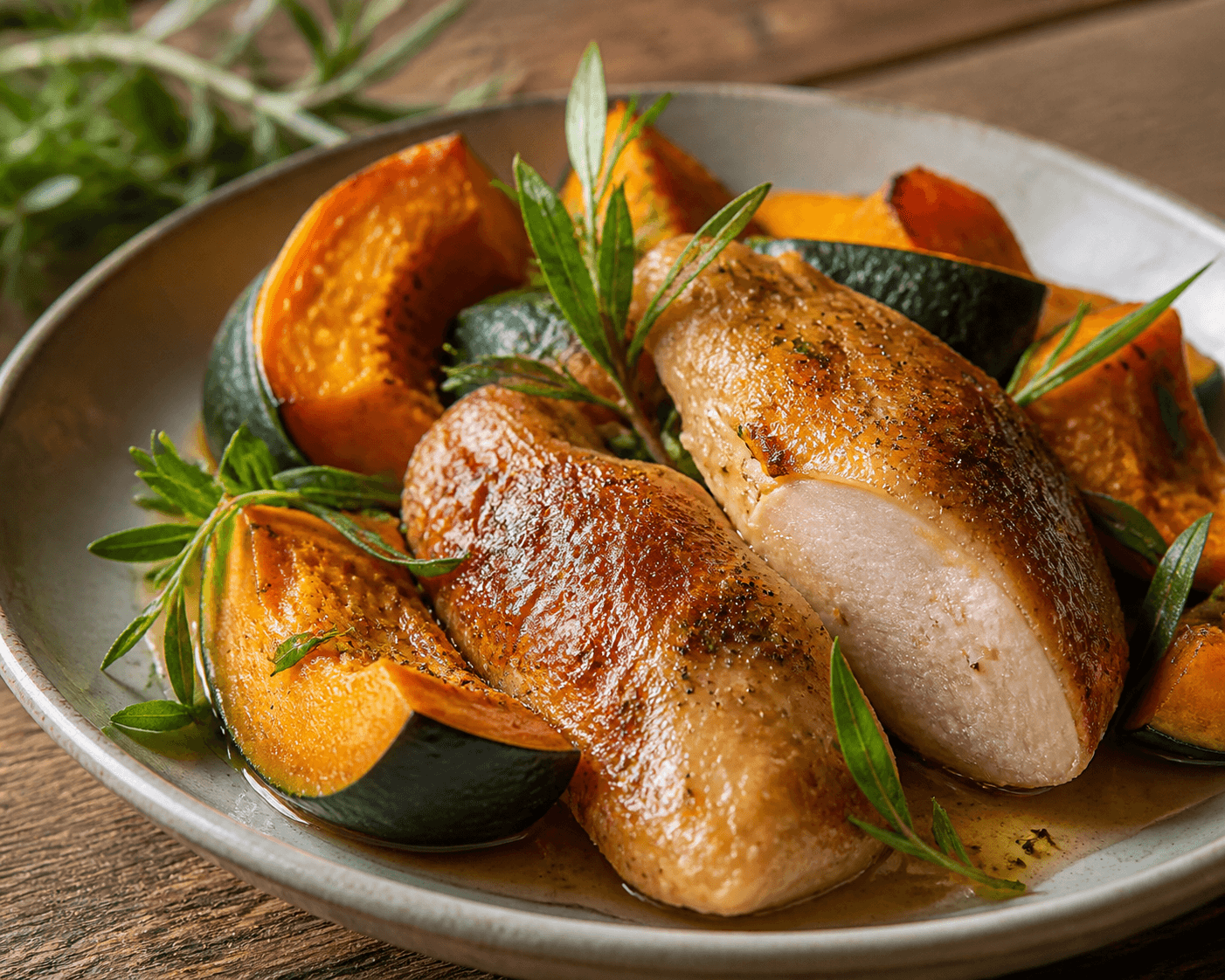 Suprême de pintade rôti avec morceaux de courge bleue et estragon dans une assiette.