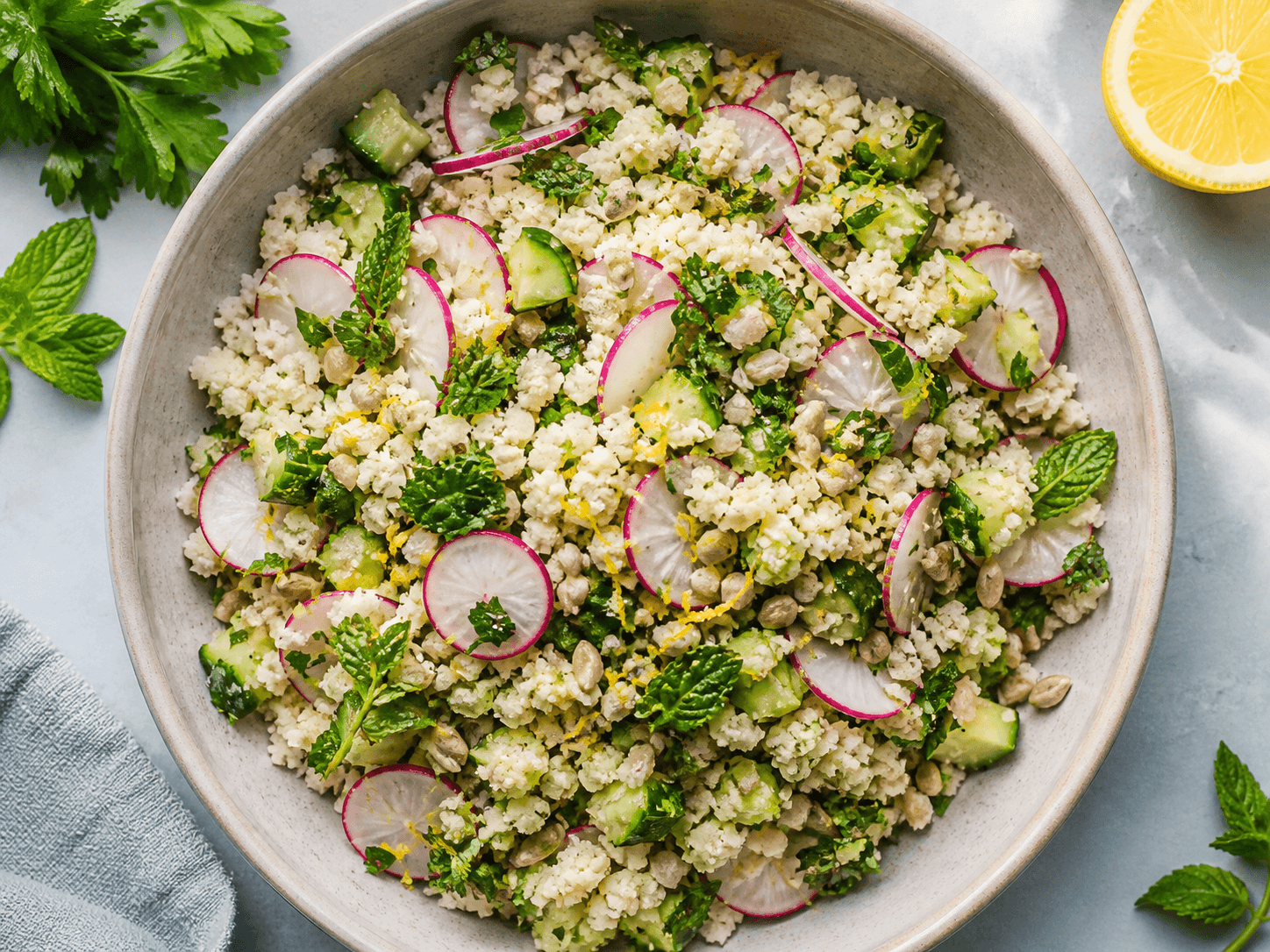 Taboulé de chou-fleur aux radis et herbes, plat terminé présenté naturellement