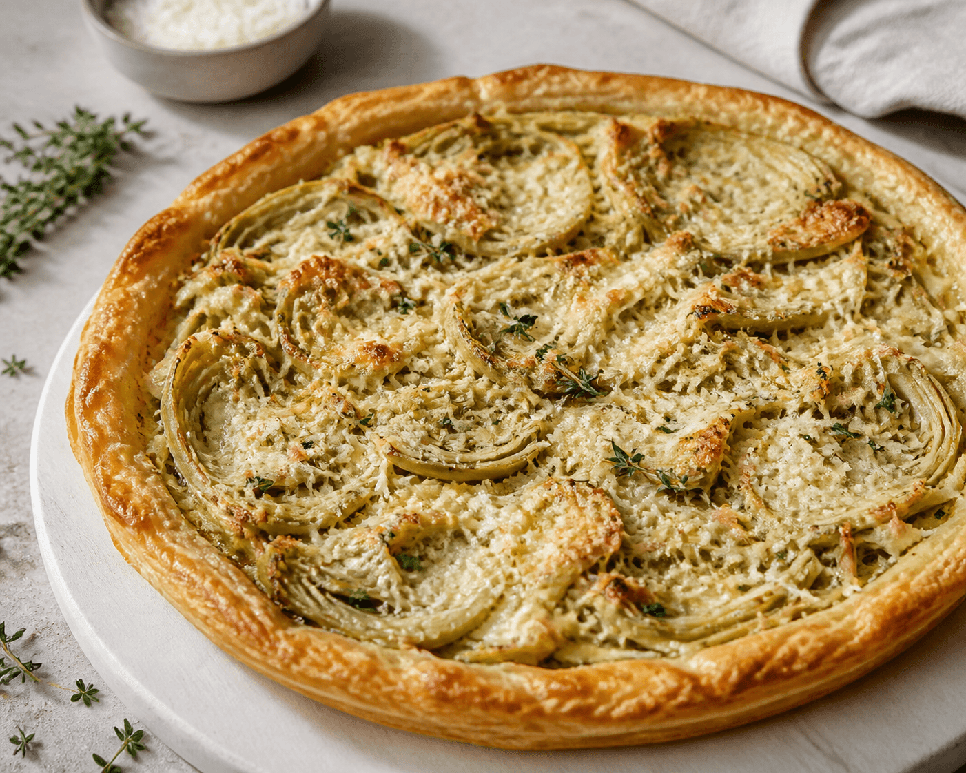 Tarte fine aux artichauts, parmesan et thym, plat terminé présenté naturellement