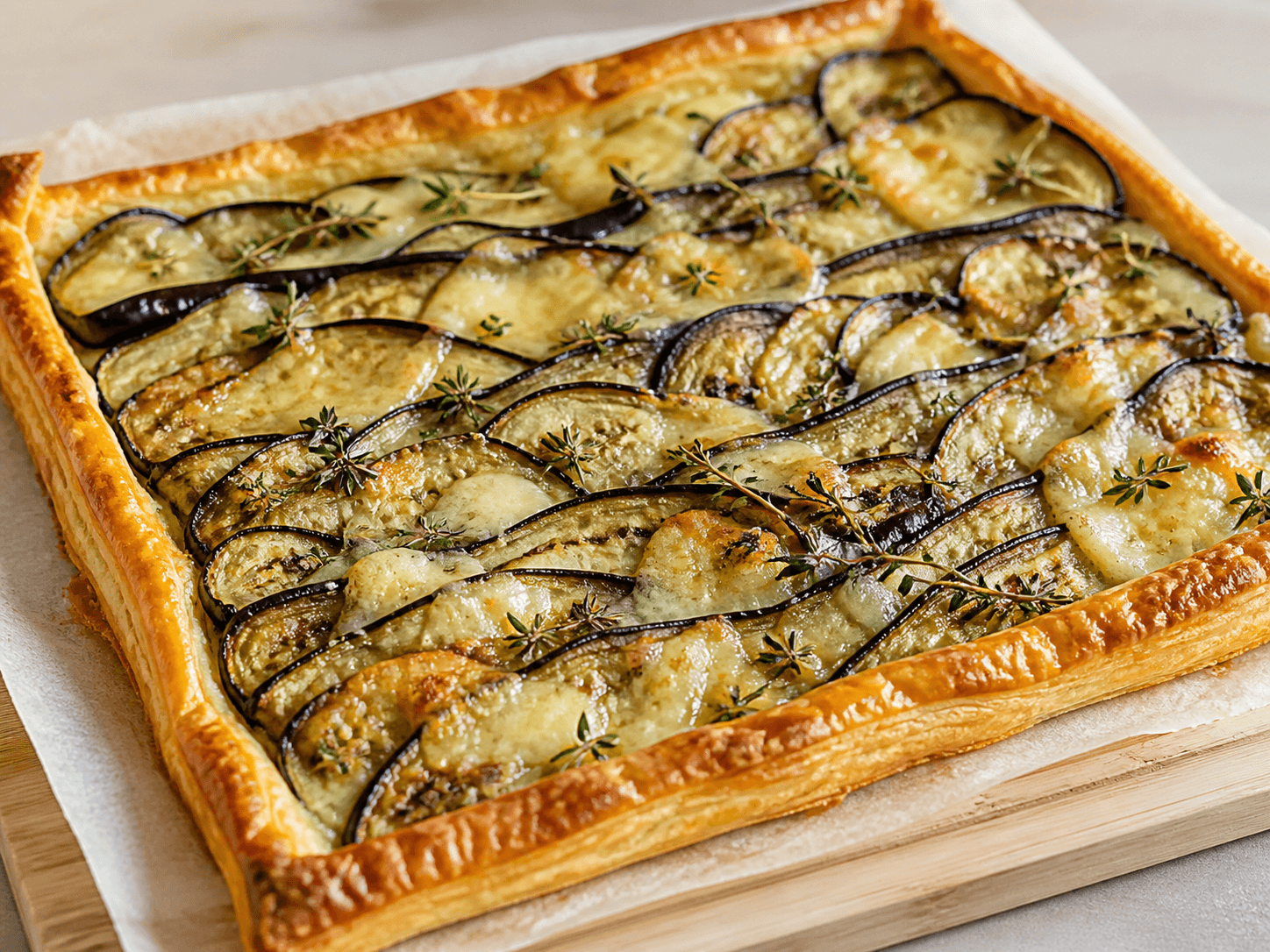 Tarte fine à l'aubergine, tomme catalane et sarriette, plat terminé présenté naturellement