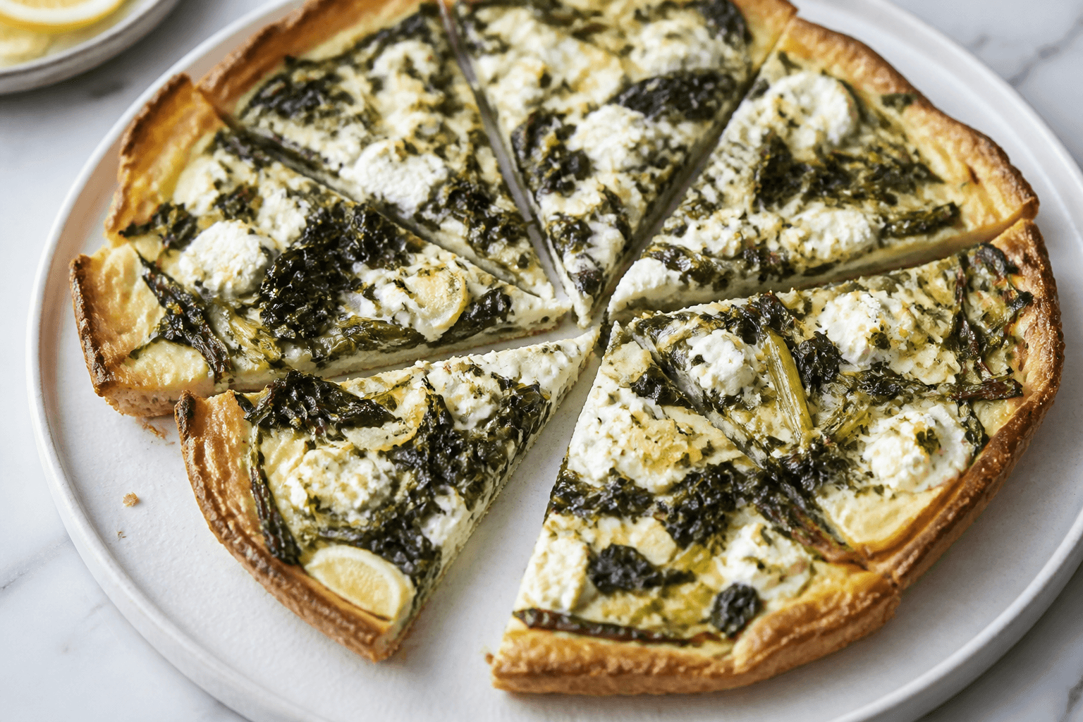 Tarte fine aux blettes, ricotta et citron confit, plat terminé présenté naturellement
