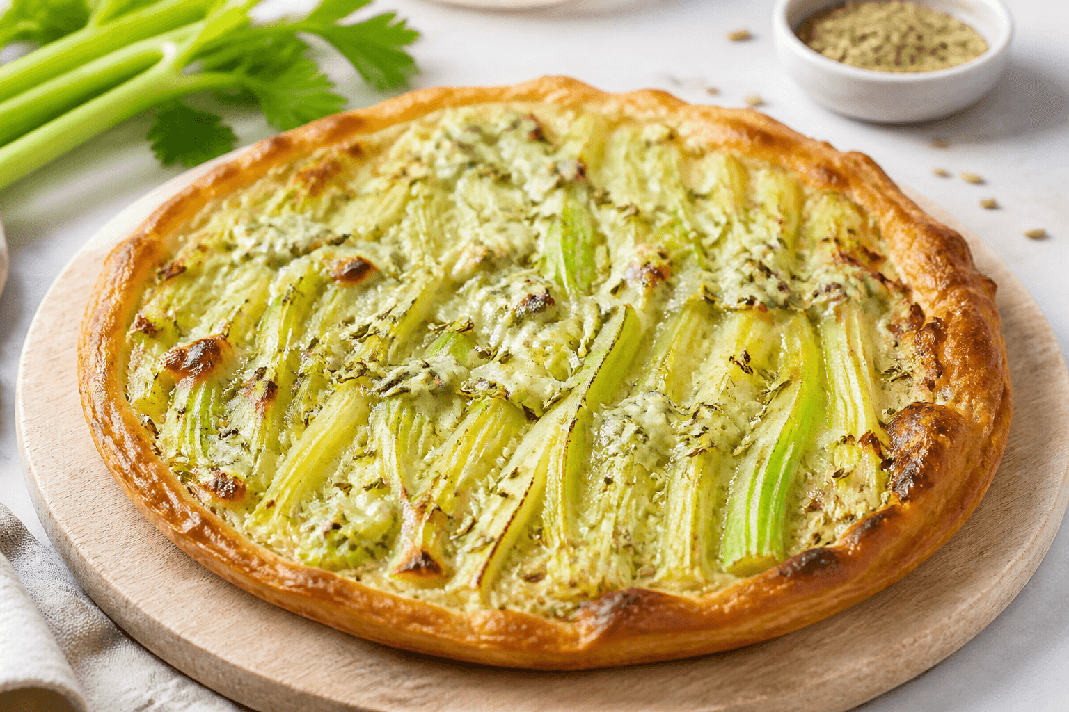 Tarte au céleri branche, fourme douce et graines de fenouil