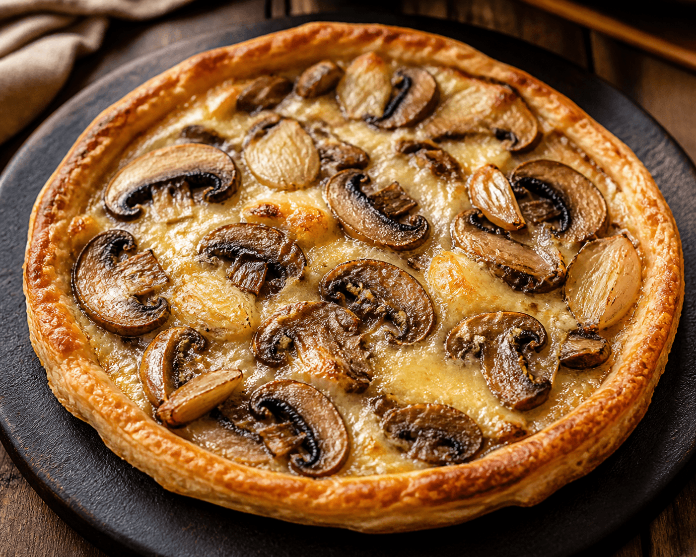 Tarte fine au champignon brun, munster et ail doux, plat terminé présenté naturellement