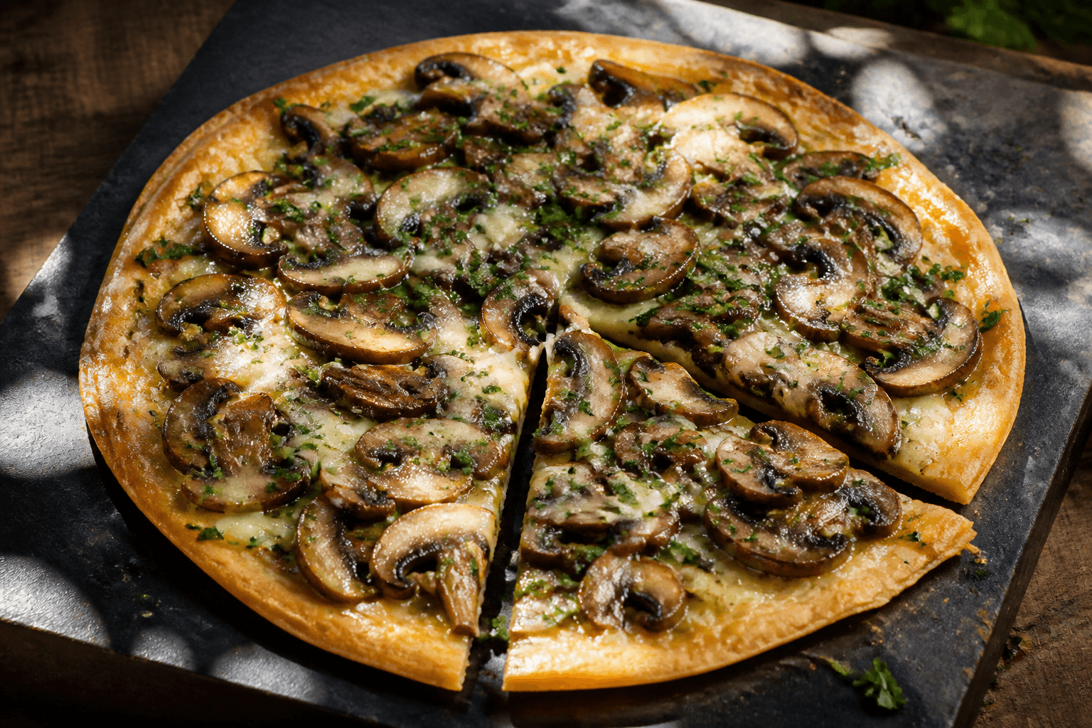 Tarte fine aux champignons, comté et persillade, plat terminé présenté naturellement