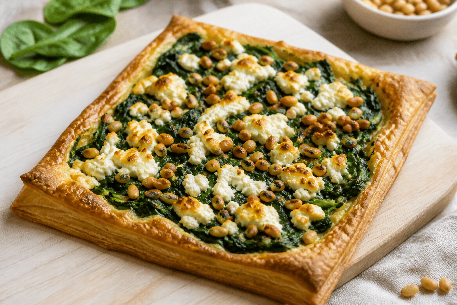Tarte fine aux épinards, brebis frais et pignons, plat terminé présenté naturellement