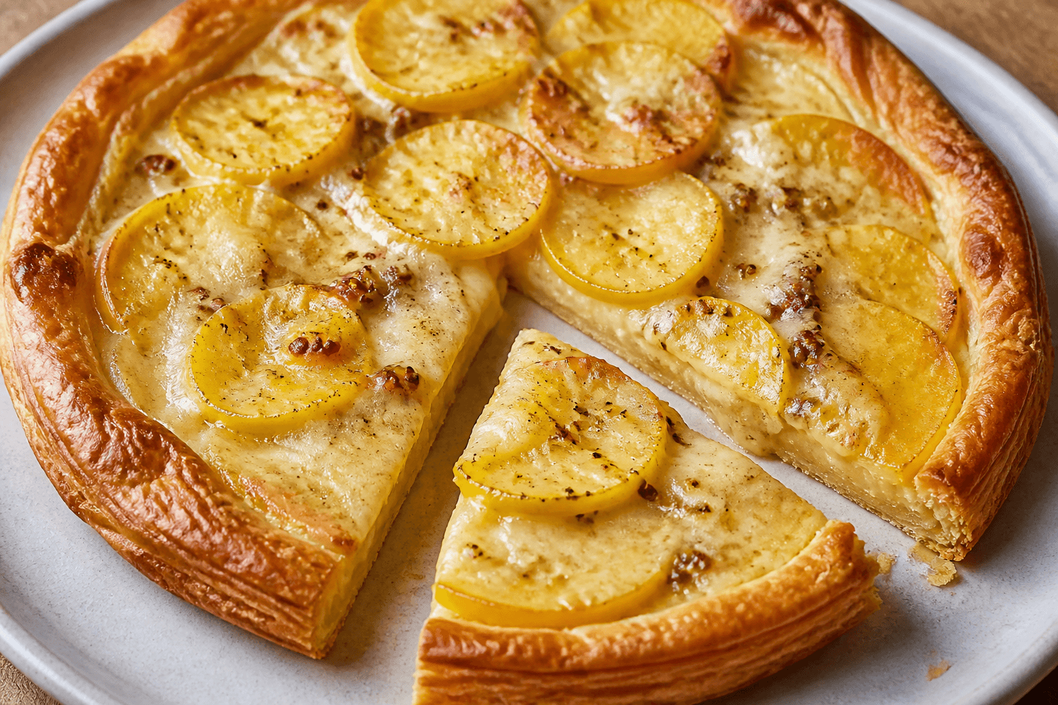 Tarte navet d'or, saint-nectaire et moutarde, plat terminé présenté naturellement