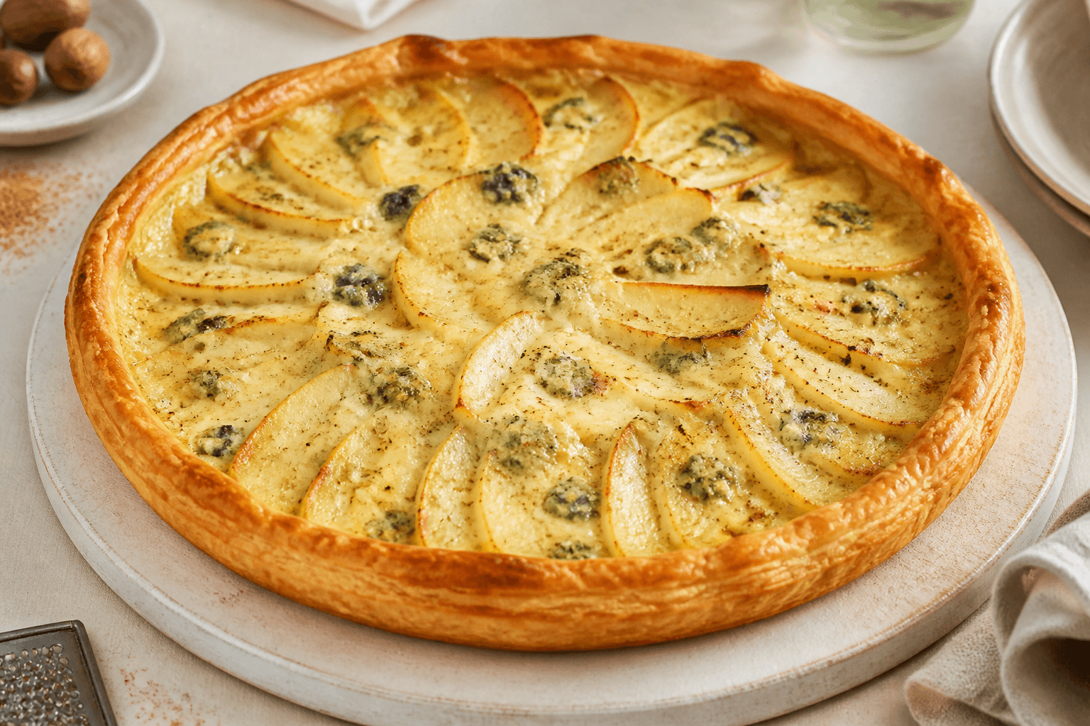 Tarte au panais, bleu de Gex et noix de muscade