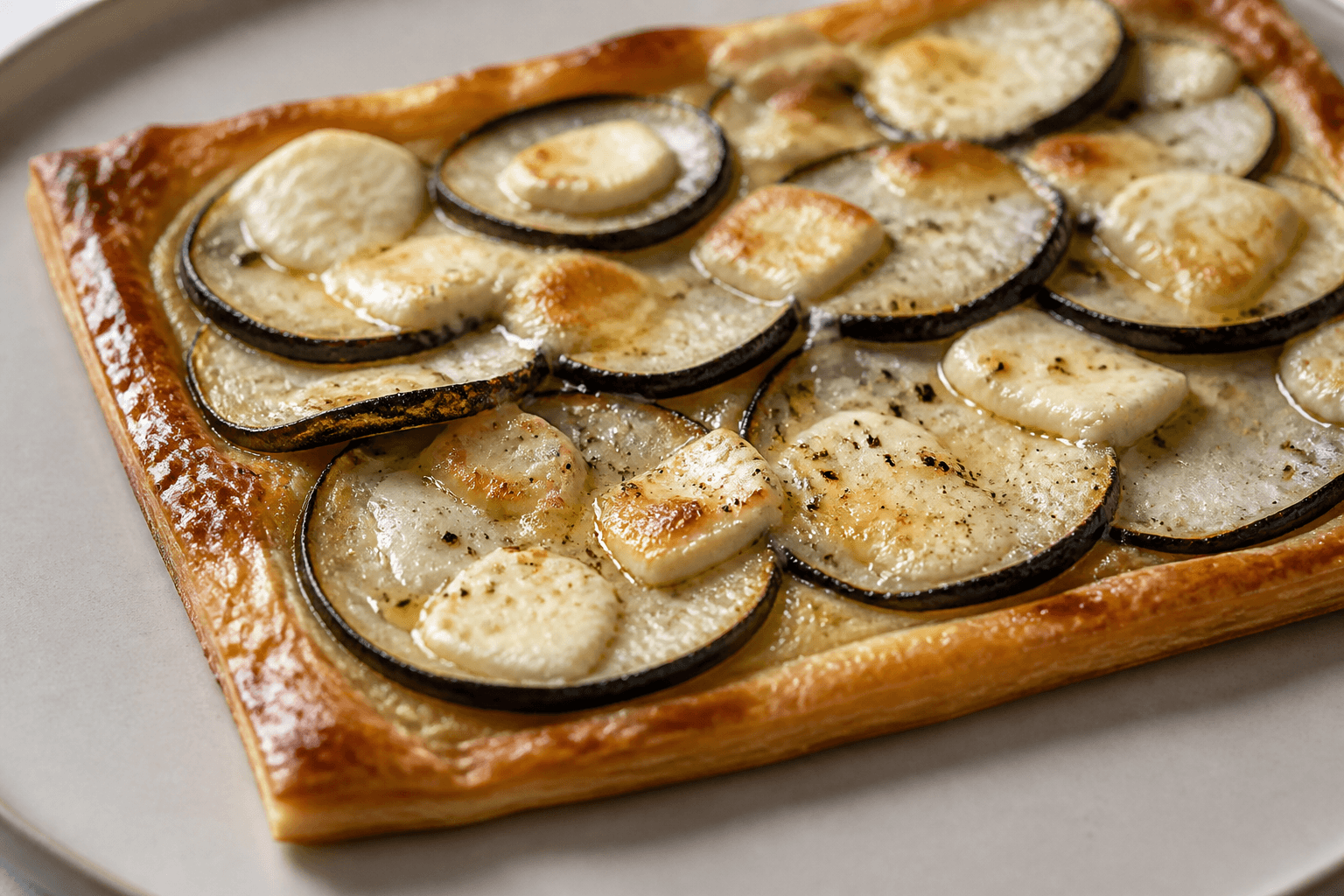 Photo du plat fini : Tarte radis noir, chèvre et miel