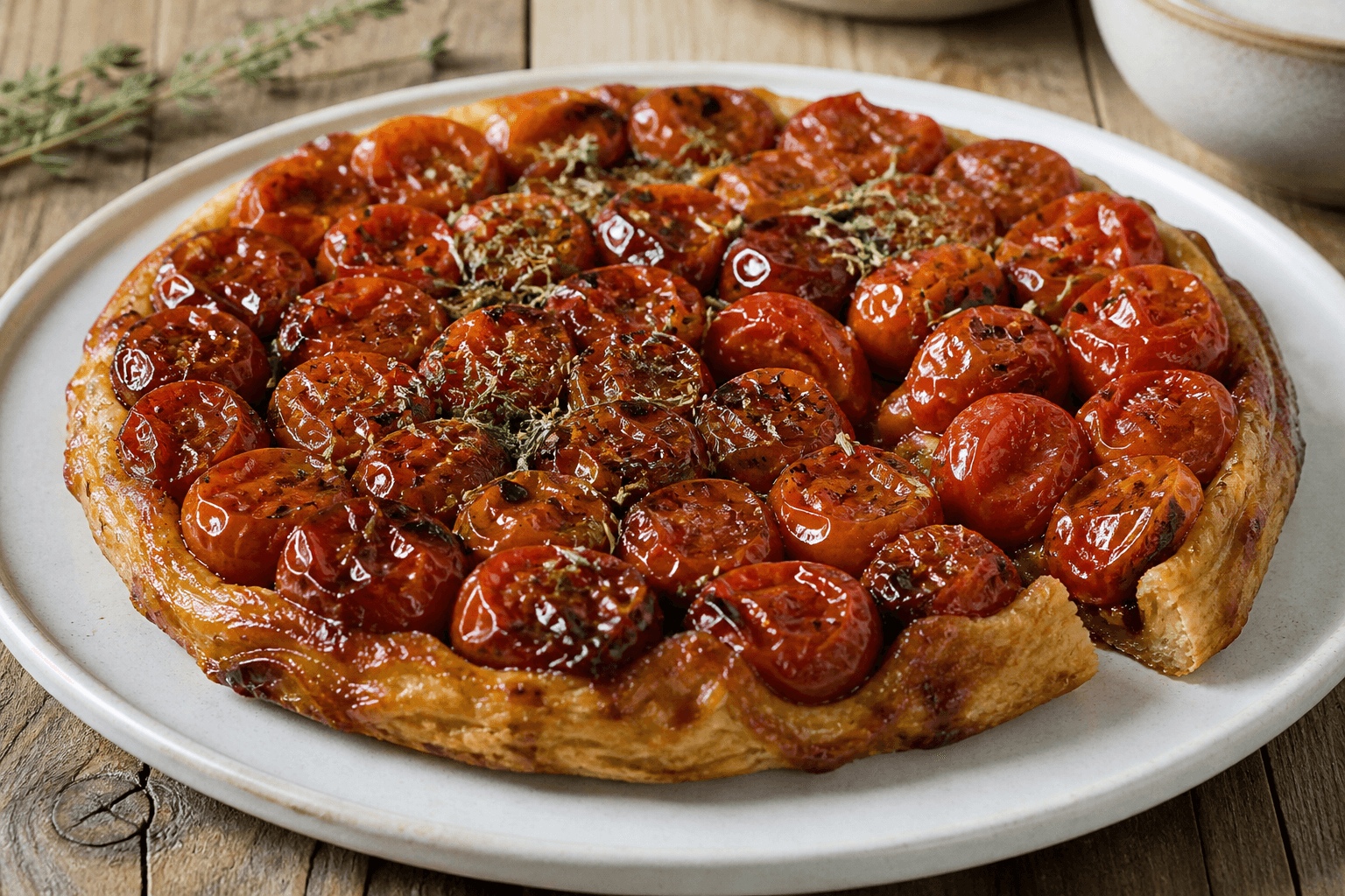 Tatin de tomates cerises au thym, plat terminé présenté naturellement