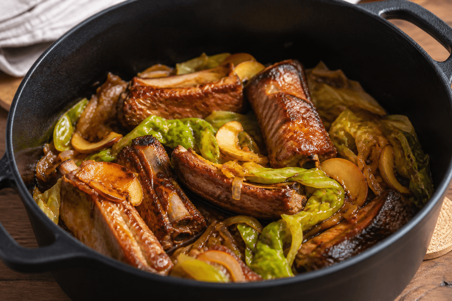 Travers de porc en cocotte avec chou vert fondant et pomme séchée dans un jus réduit.