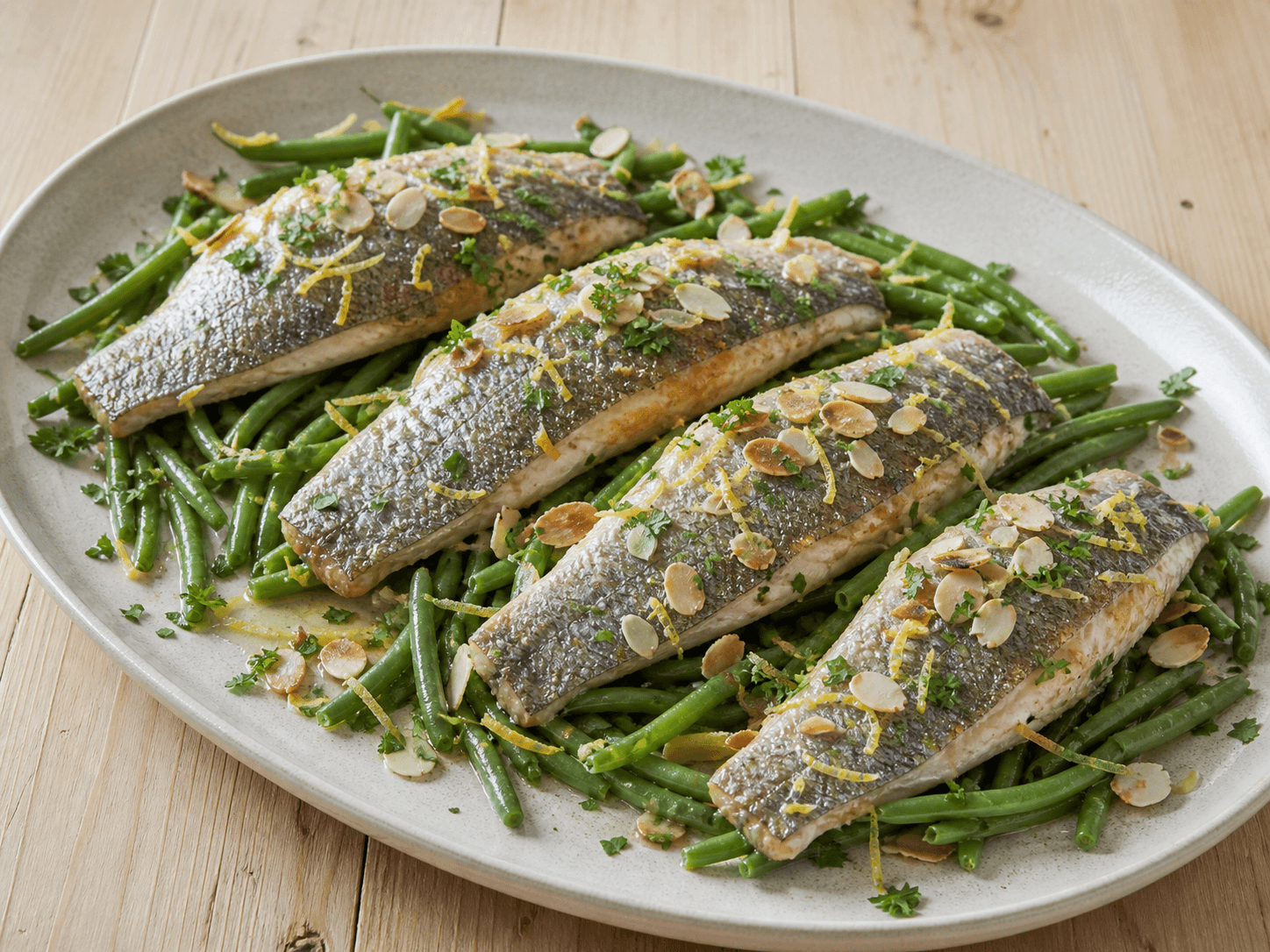 Truite au four, amandes et haricots verts, plat terminé présenté naturellement