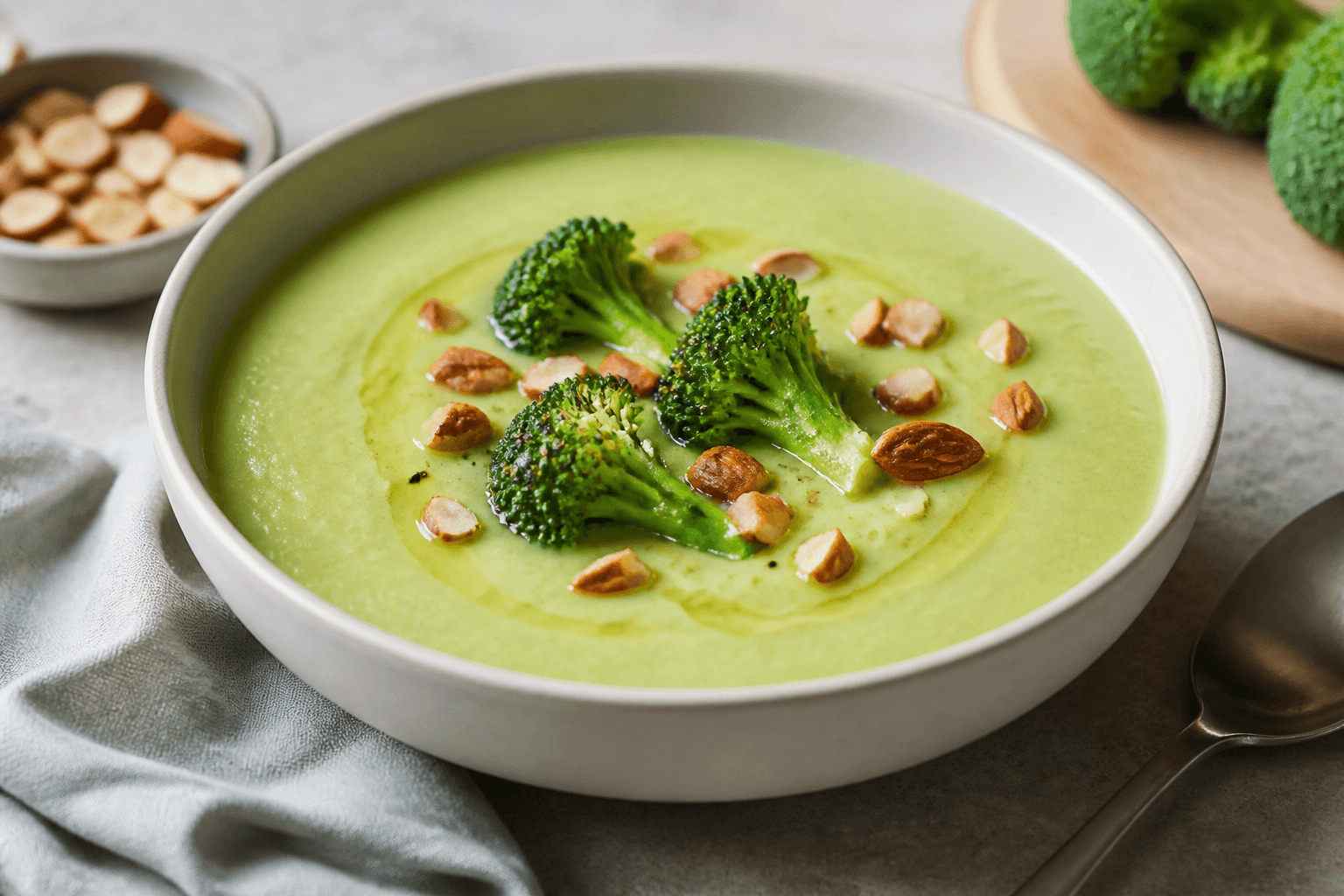 Velouté de brocoli, céleri branche et amande fumée, plat terminé présenté naturellement
