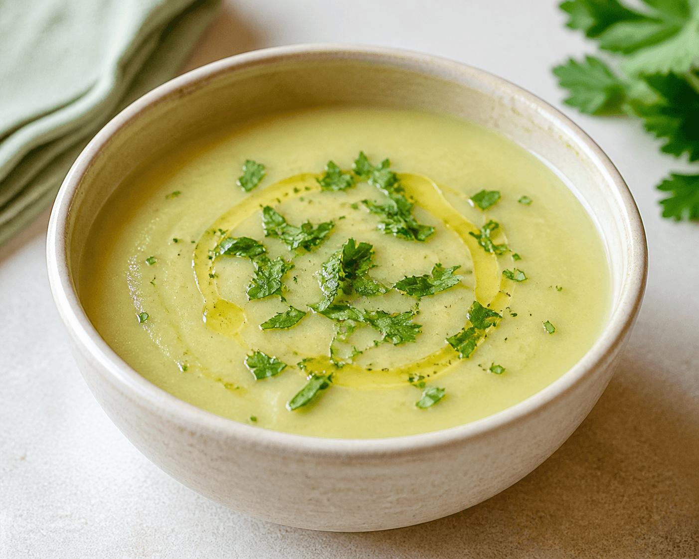 Velouté de cardon, pomme de terre et persil plat, plat terminé présenté naturellement