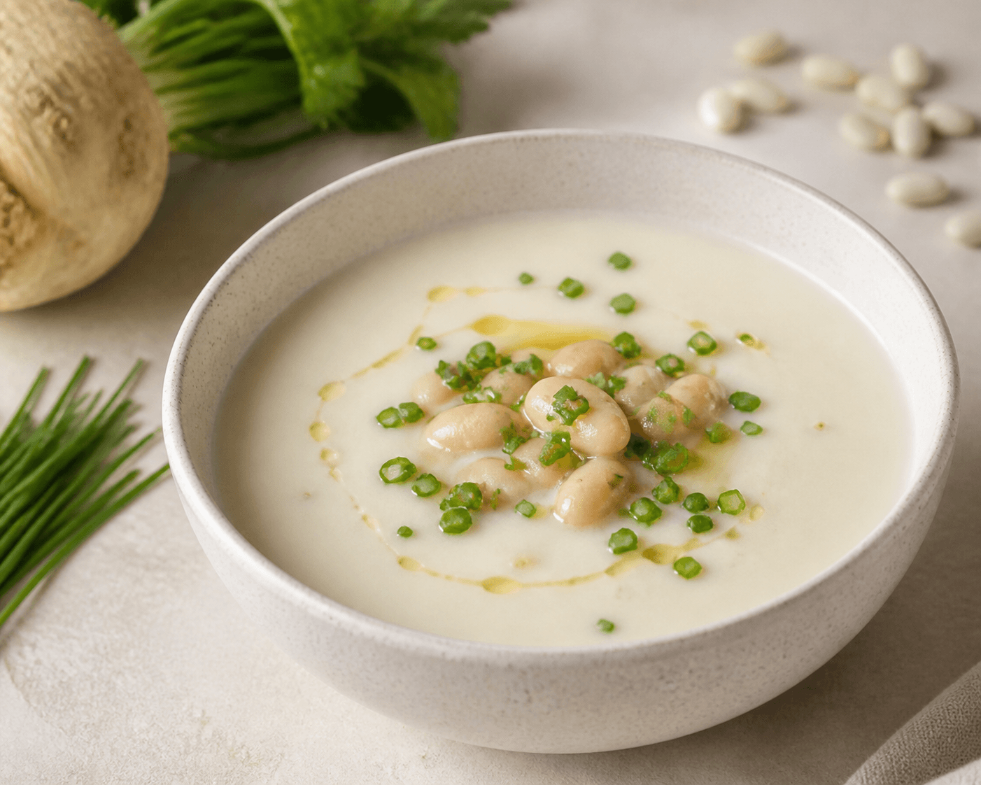 Velouté de céleri boule, haricot coco et ciboulette, plat terminé présenté naturellement