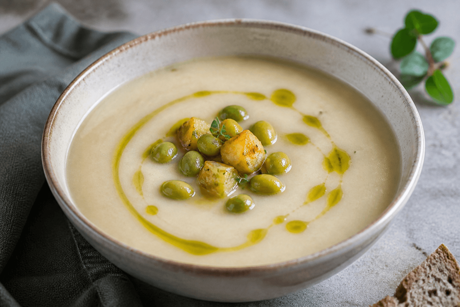 Photo du plat fini : Velouté céleri-rave, flageolet et chanvre