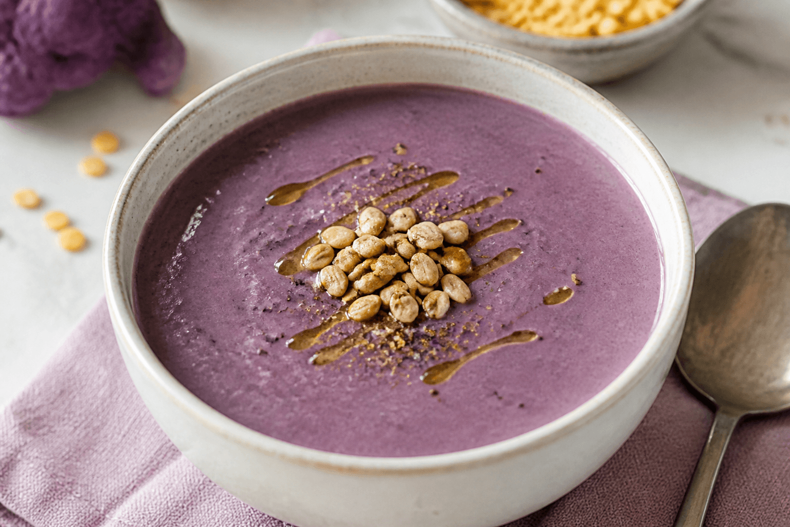 Velouté violet, pois cassé jaune et tournesol, plat terminé présenté naturellement