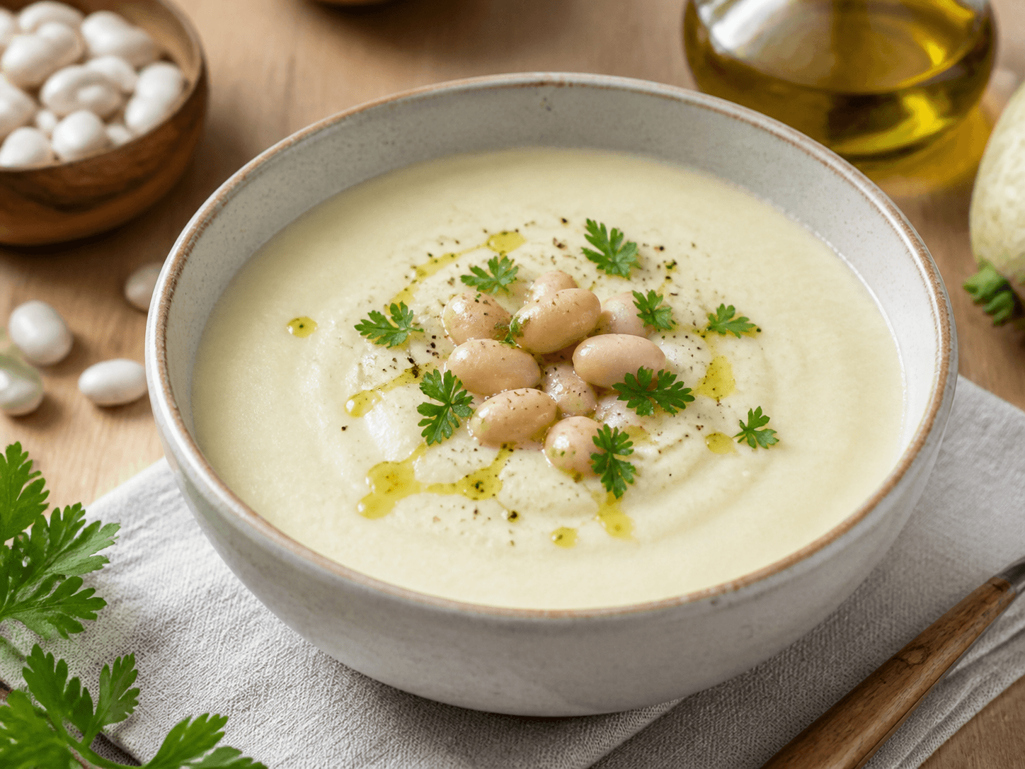 Velouté de chou rave, haricot tarbais et cerfeuil, plat terminé présenté naturellement