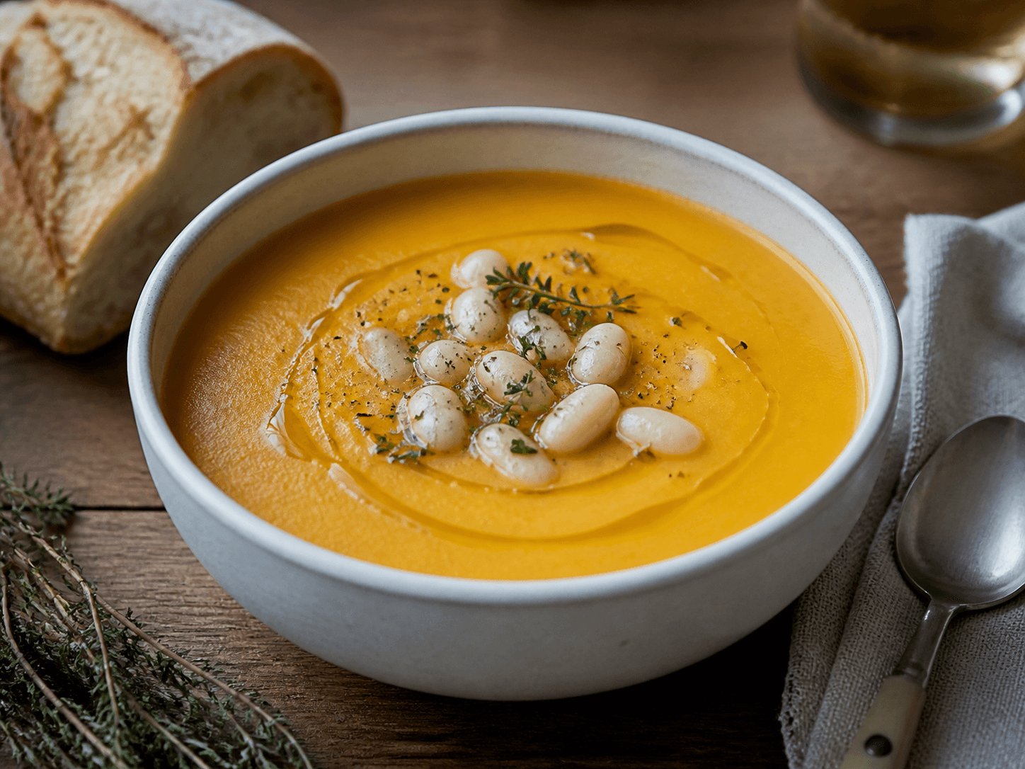 Velouté de courge galeuse, haricot lingot et huile de noix, plat terminé présenté naturellement