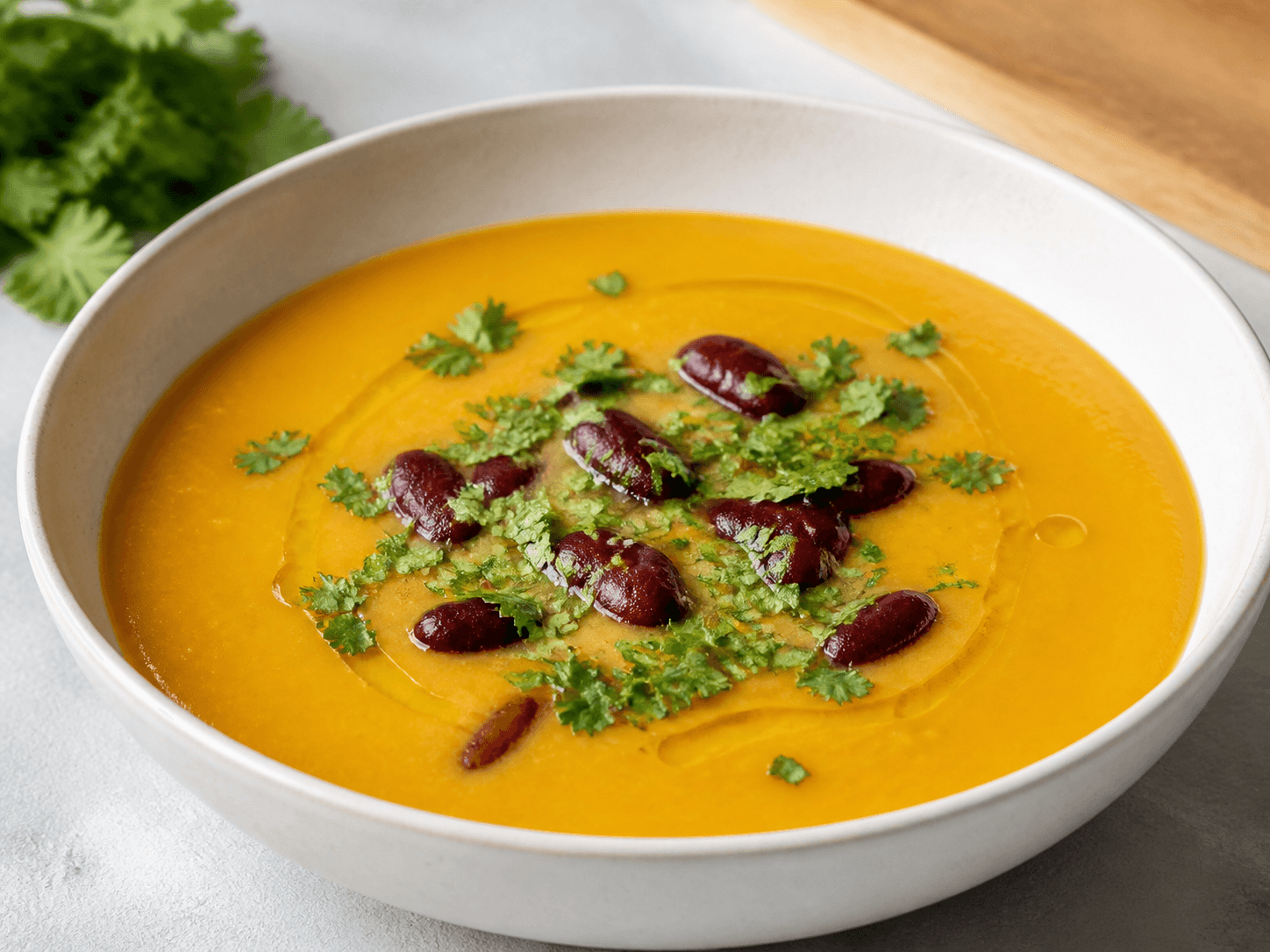 Velouté de courge spaghetti, haricot rouge et coriandre fraîche, plat terminé présenté naturellement