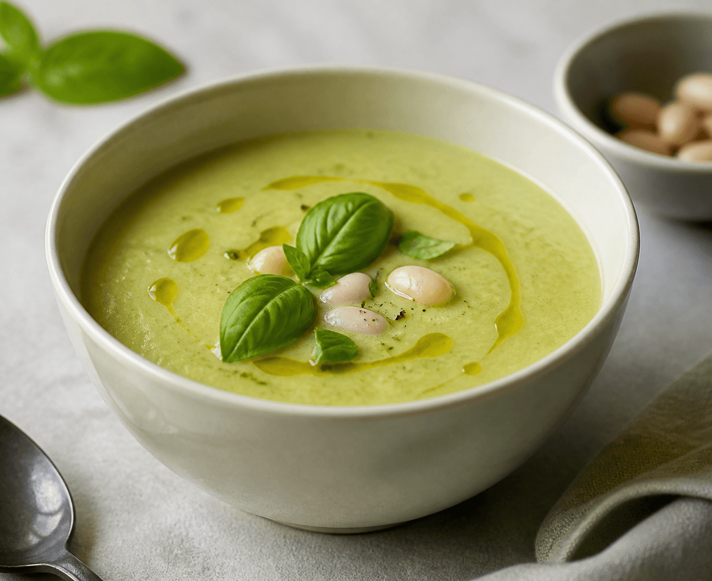 Velouté de courgette, haricot blanc et basilic, plat terminé présenté naturellement