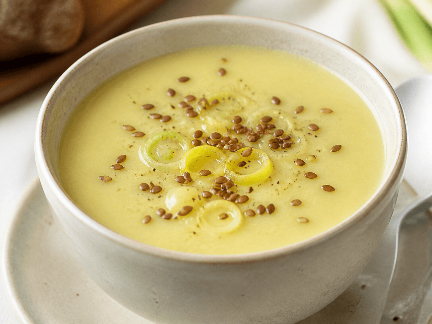 Velouté de navet boule d'or, poireau et graines de lin, plat terminé présenté naturellement